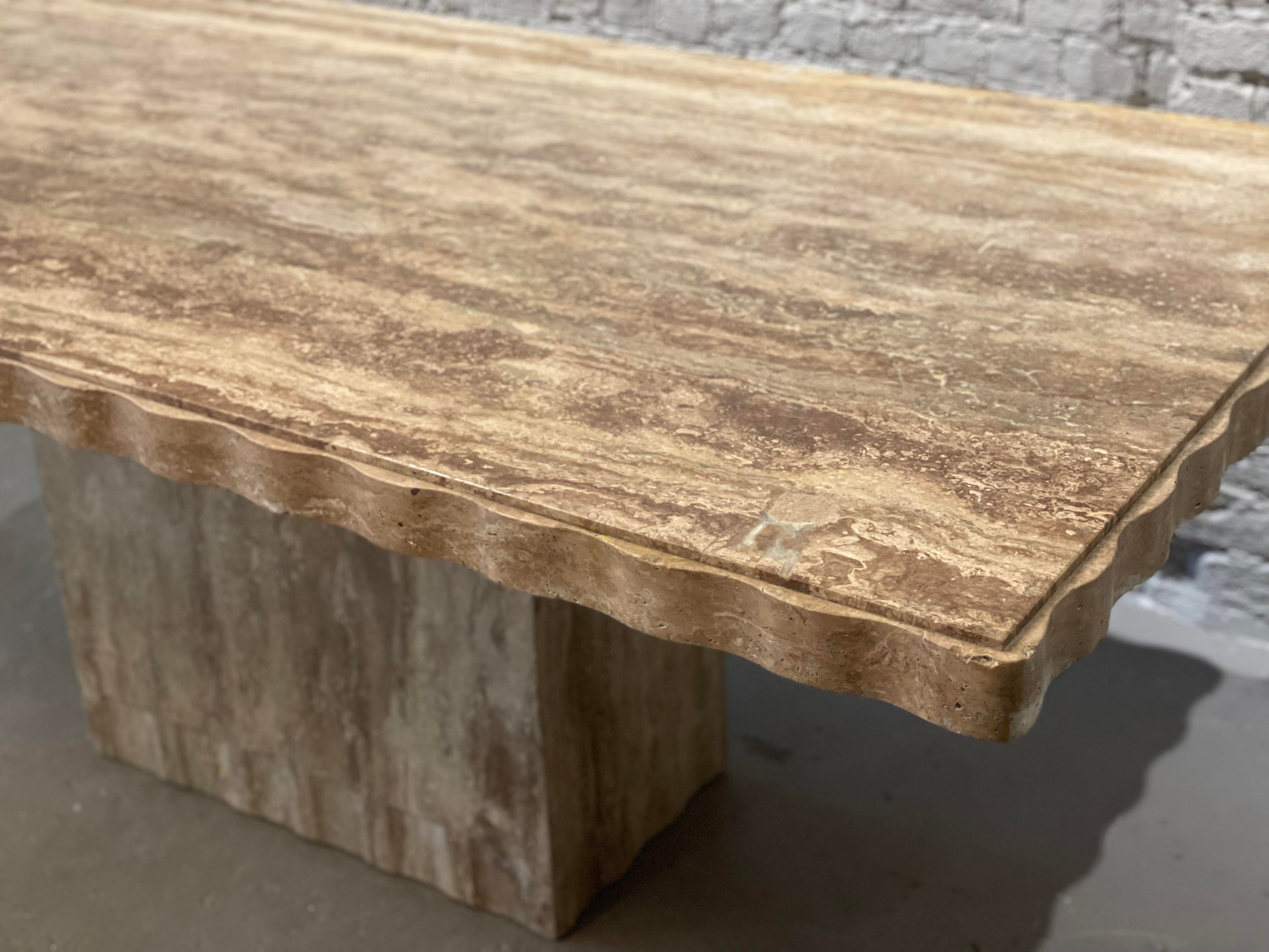 1980s Postmodern Walnut Travertine Dining Table With Scalloped Edge