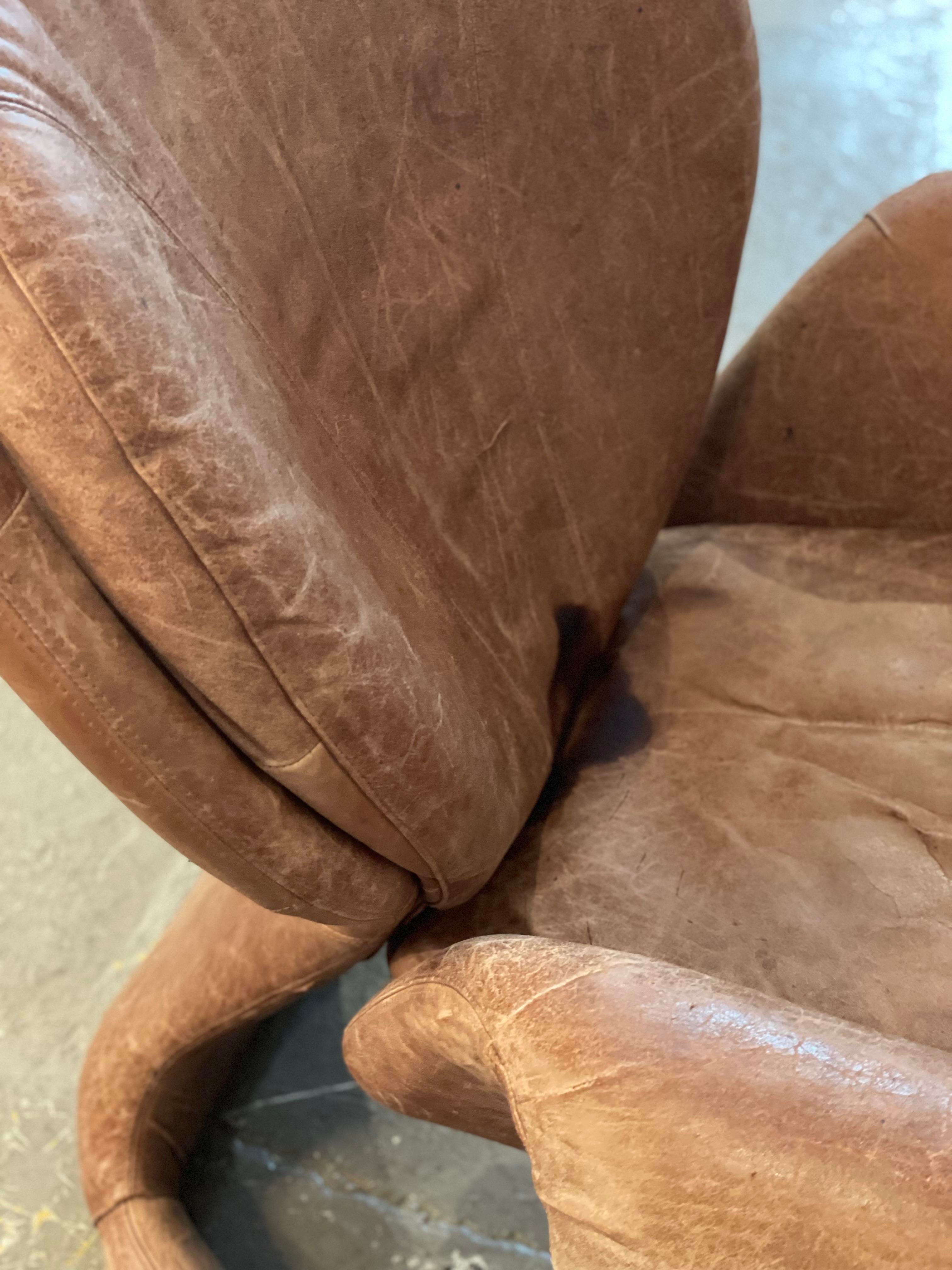 1980s Sculptural Postmodern Distressed Leather Chair
