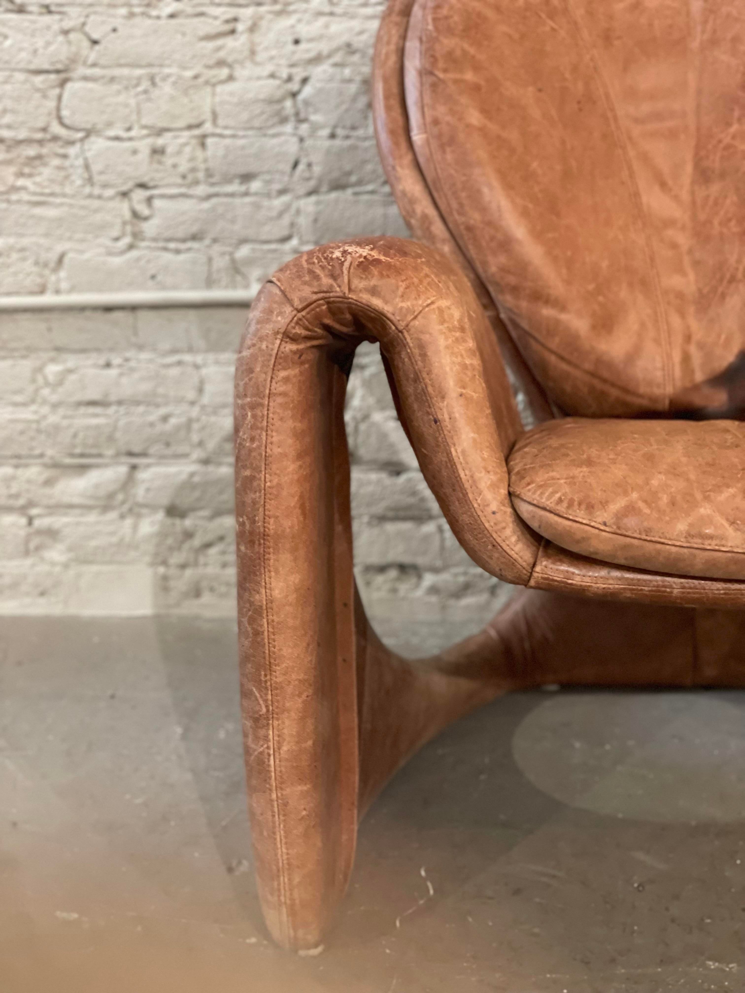 1980s Sculptural Postmodern Distressed Leather Chair