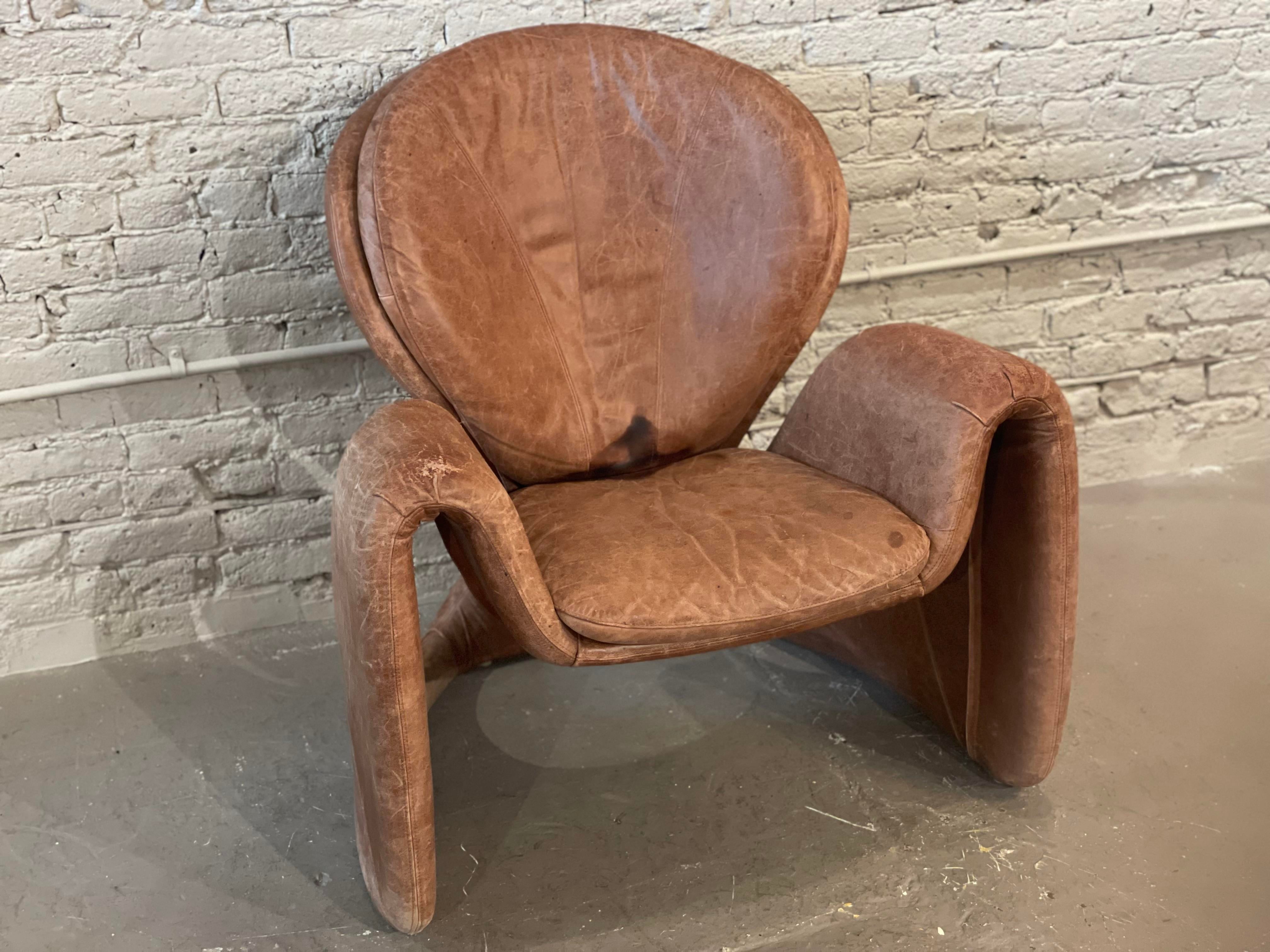 1980s Sculptural Postmodern Distressed Leather Chair
