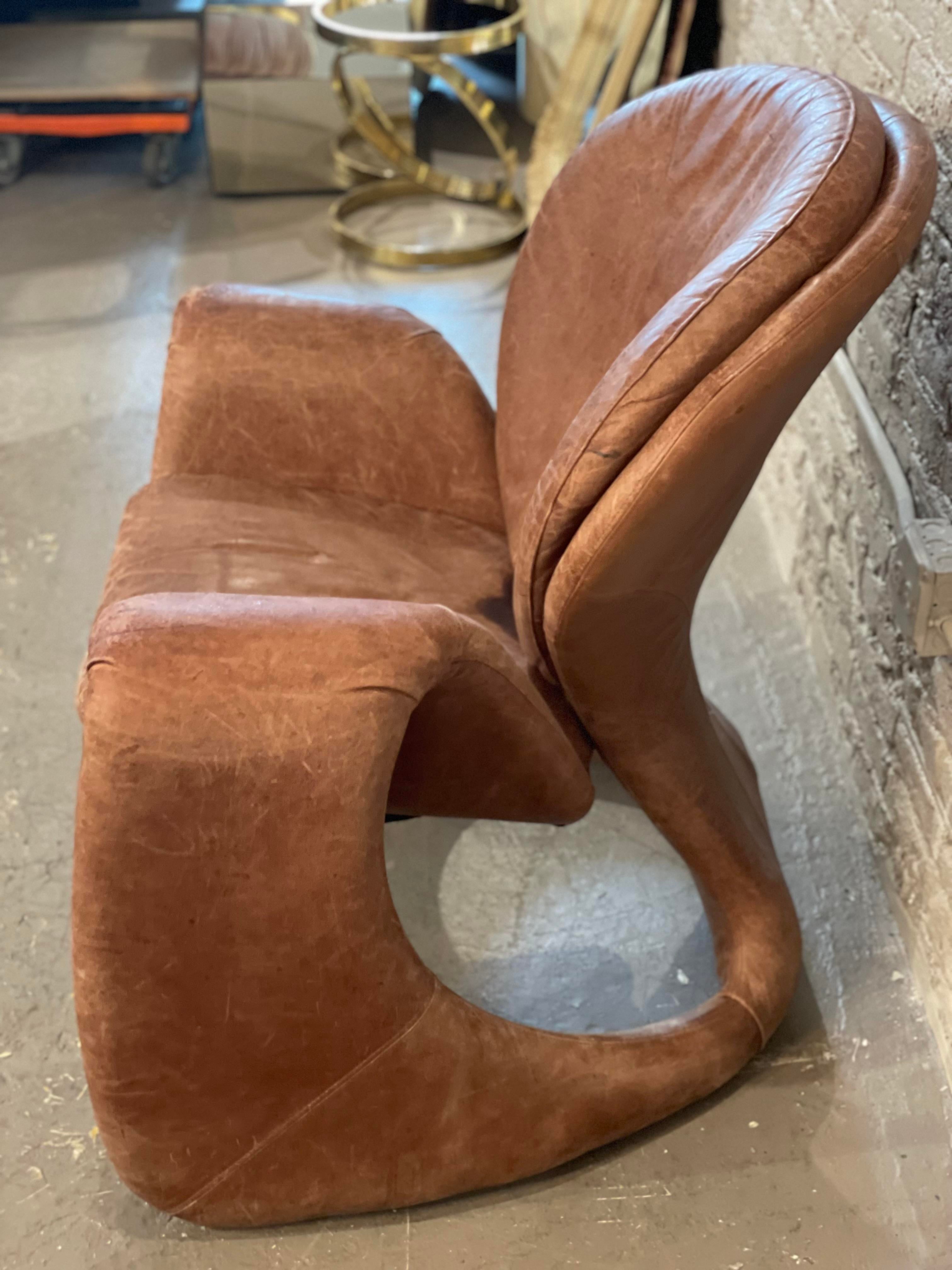 1980s Sculptural Postmodern Distressed Leather Chair