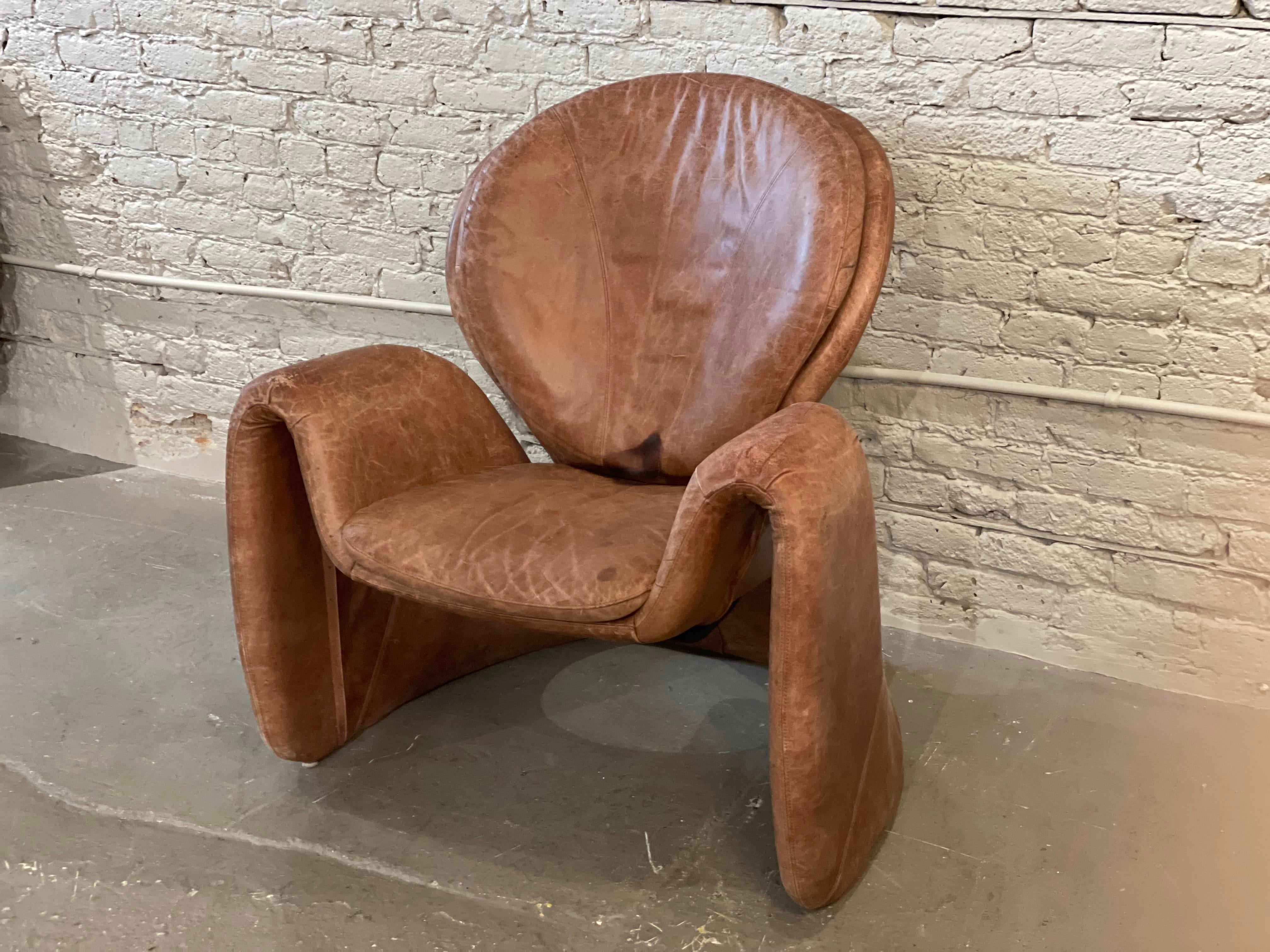 1980s Sculptural Postmodern Distressed Leather Chair