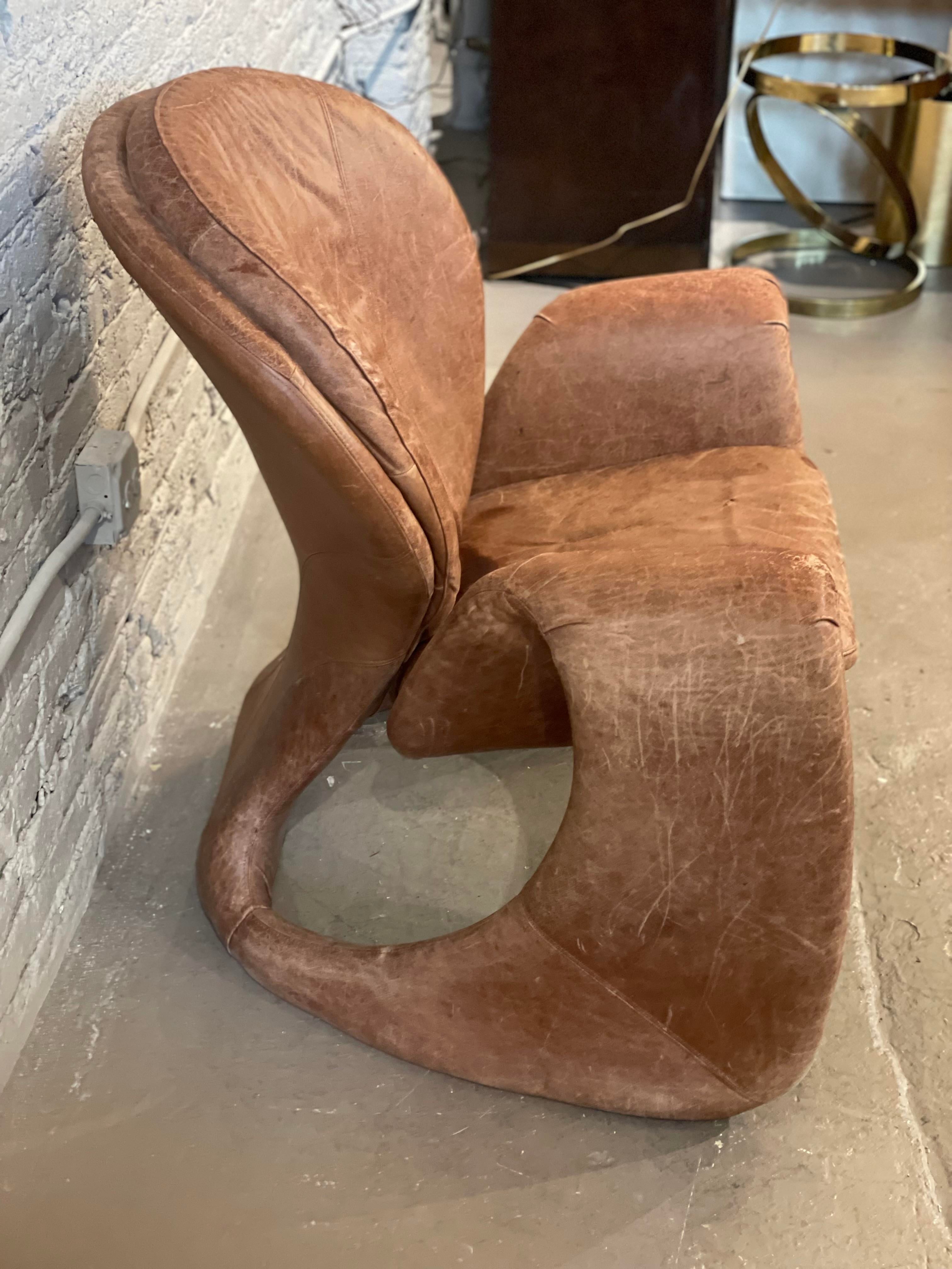 1980s Sculptural Postmodern Distressed Leather Chair