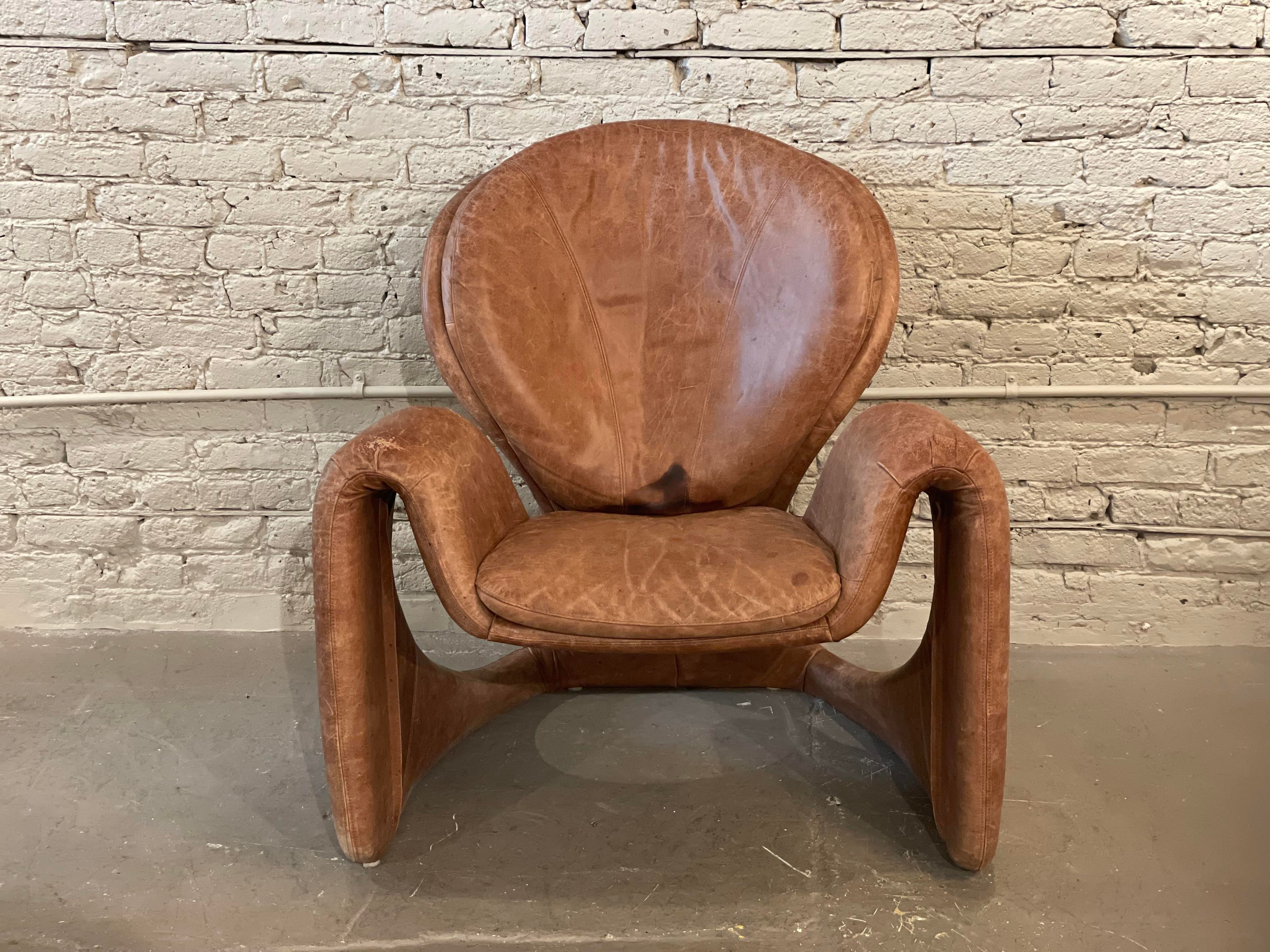 1980s Sculptural Postmodern Distressed Leather Chair