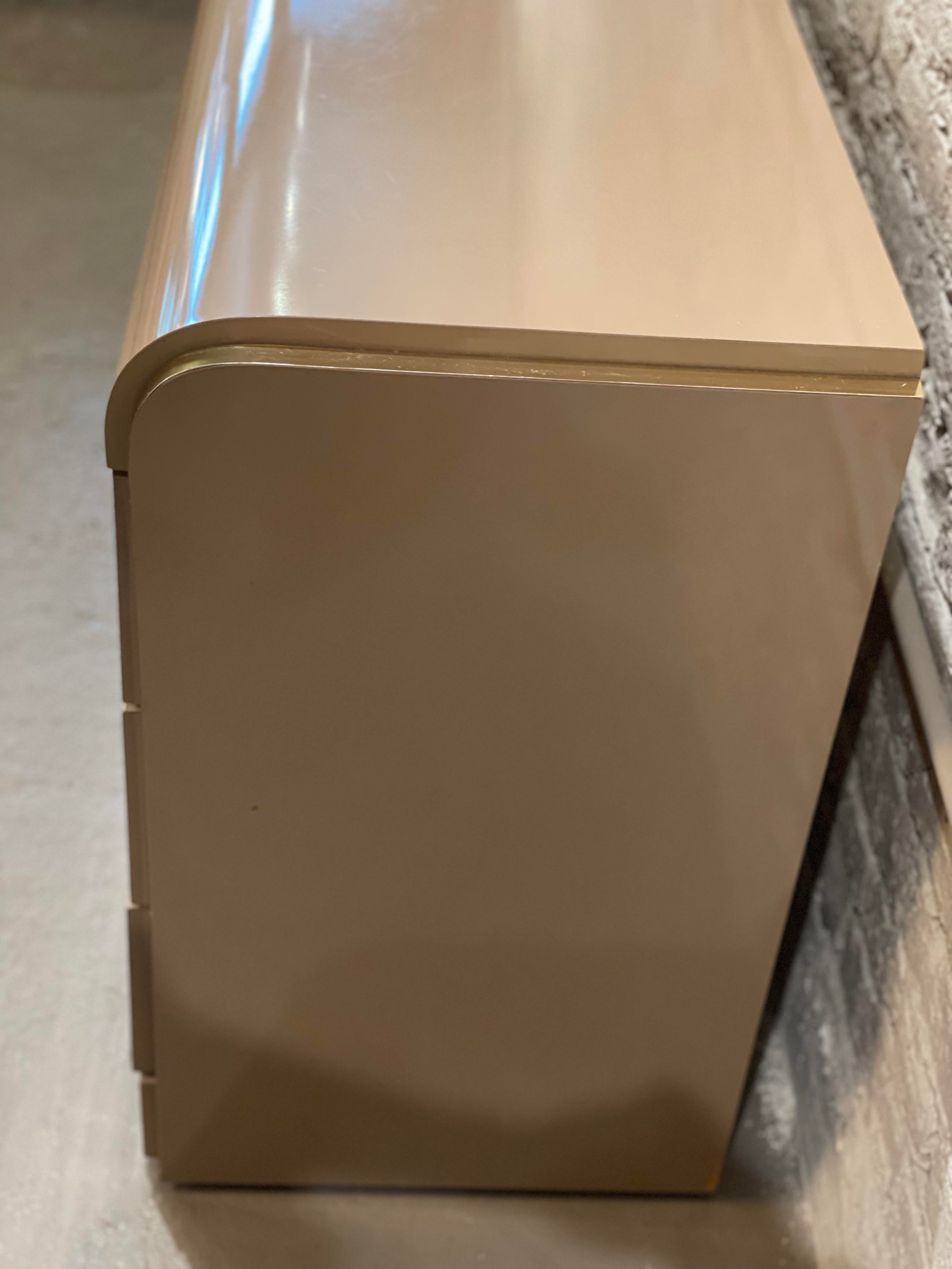 1980s Taupe Lacquer and Brass Postmodern Dresser