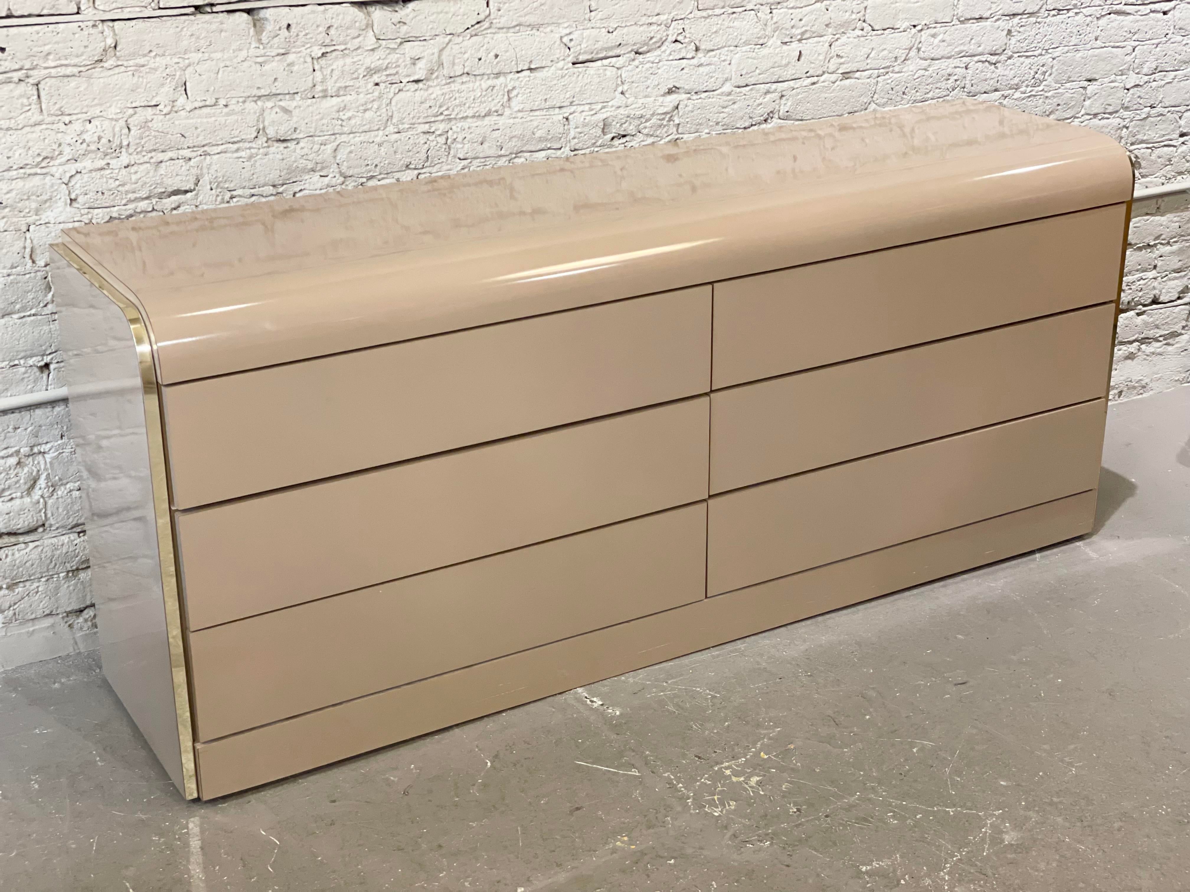 1980s Taupe Lacquer and Brass Postmodern Dresser
