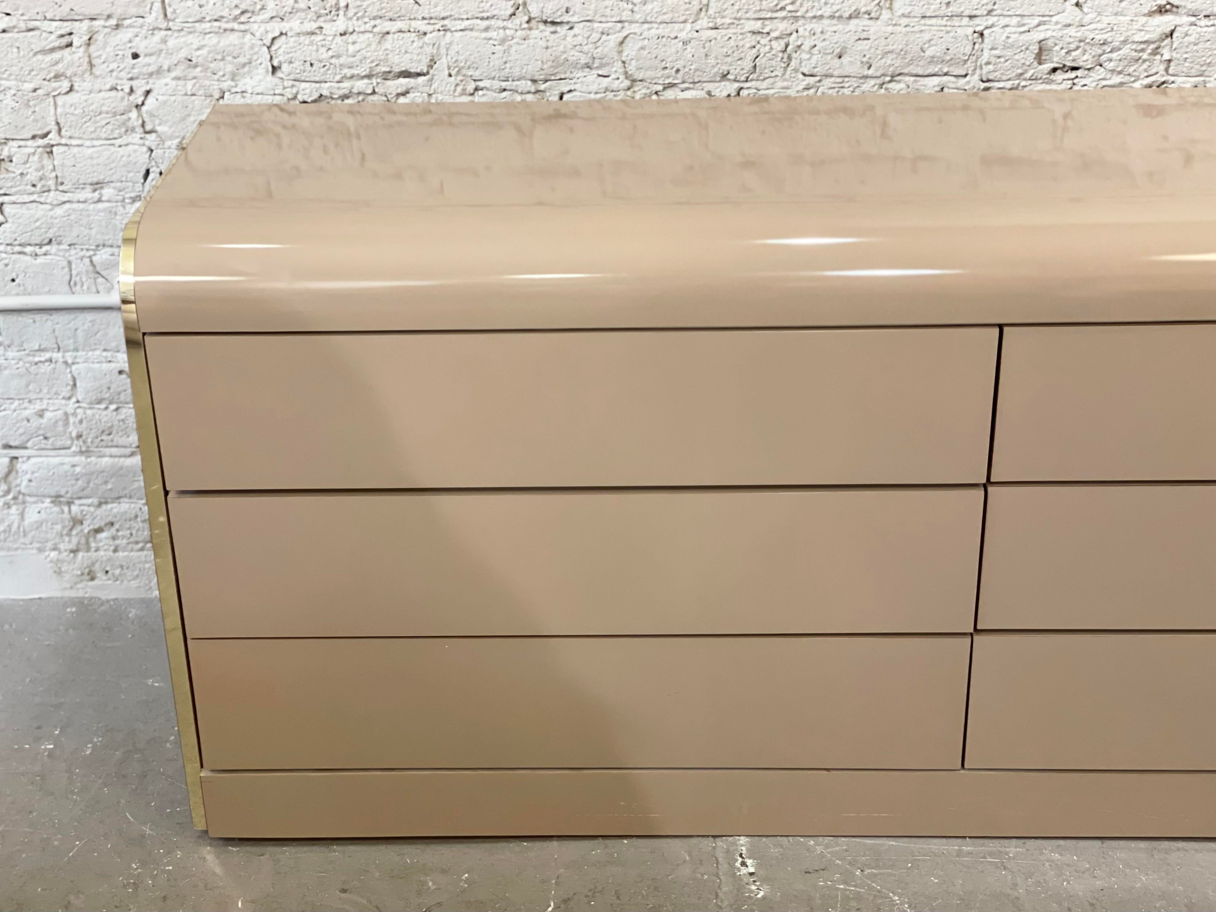 1980s Taupe Lacquer and Brass Postmodern Dresser