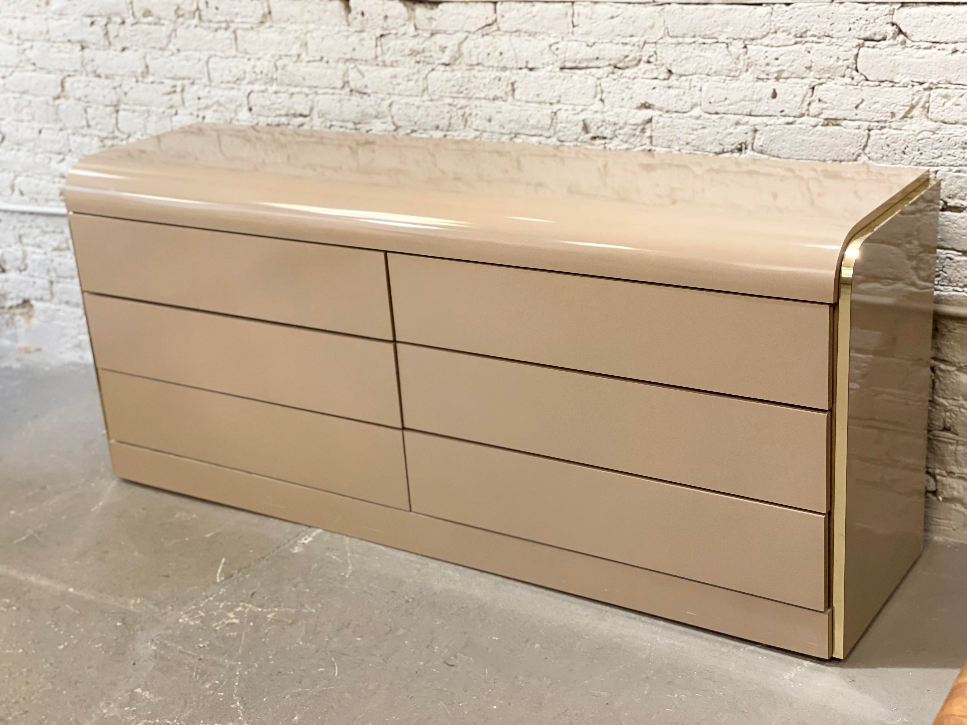 1980s Taupe Lacquer and Brass Postmodern Dresser