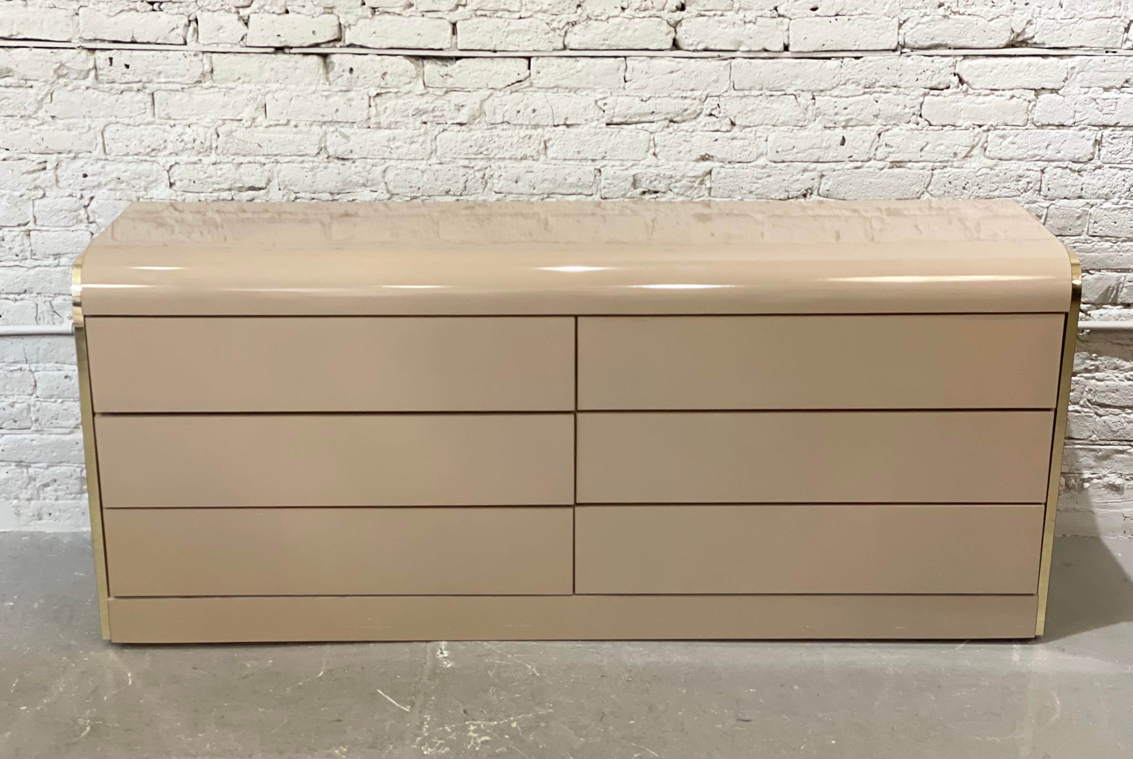 1980s Taupe Lacquer and Brass Postmodern Dresser