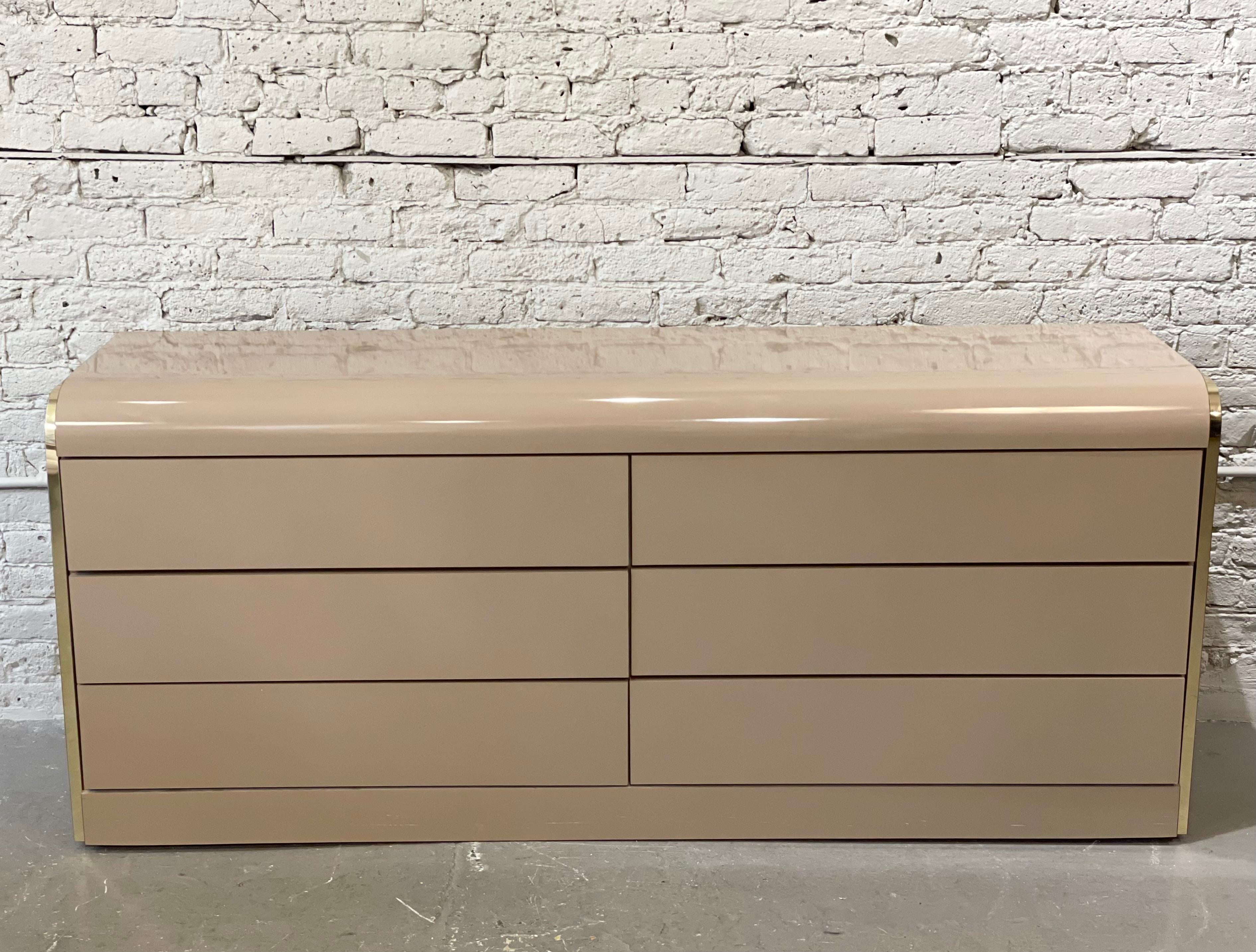 1980s Taupe Lacquer and Brass Postmodern Dresser