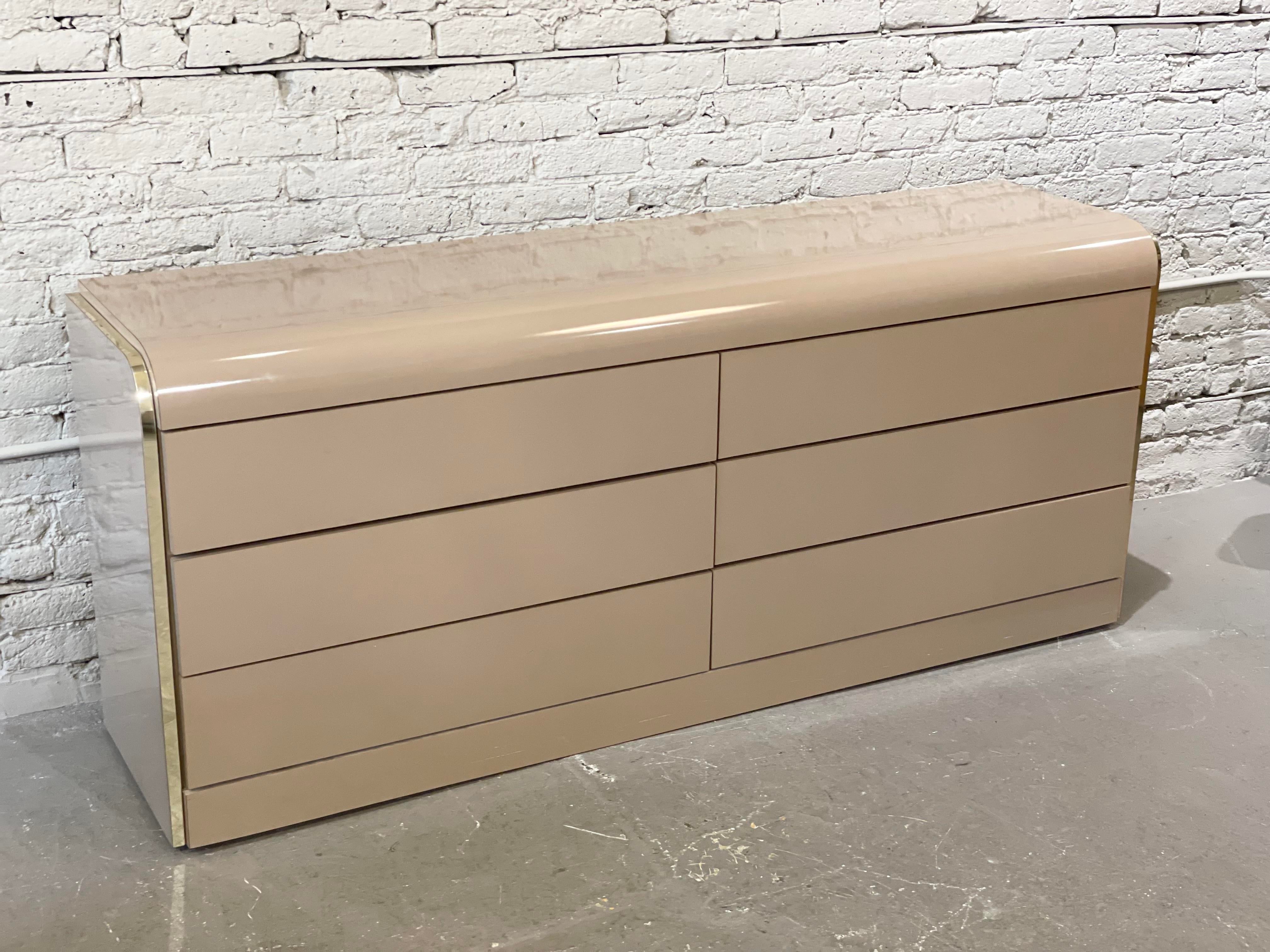 1980s Taupe Lacquer and Brass Postmodern Dresser