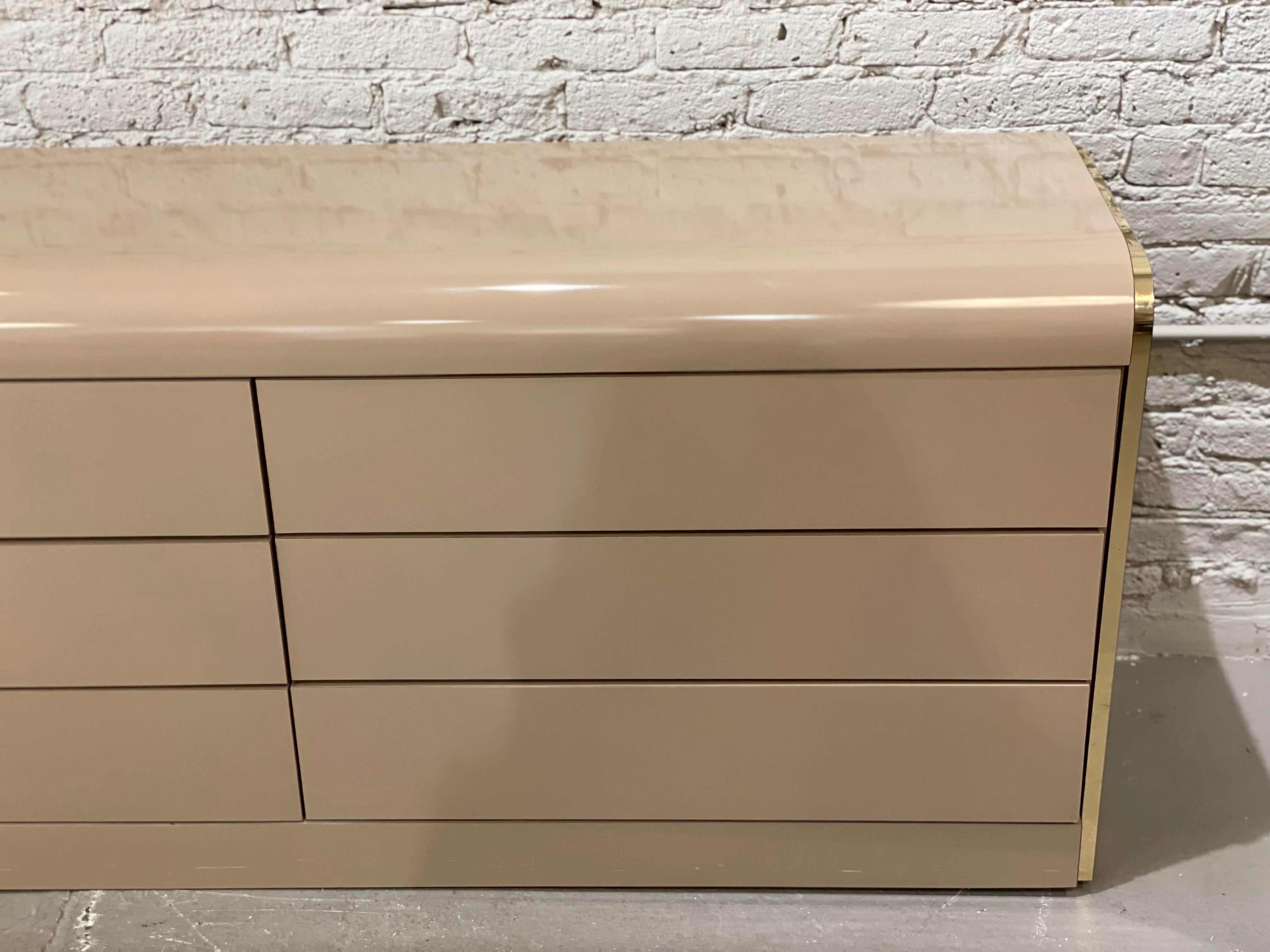 1980s Taupe Lacquer and Brass Postmodern Dresser