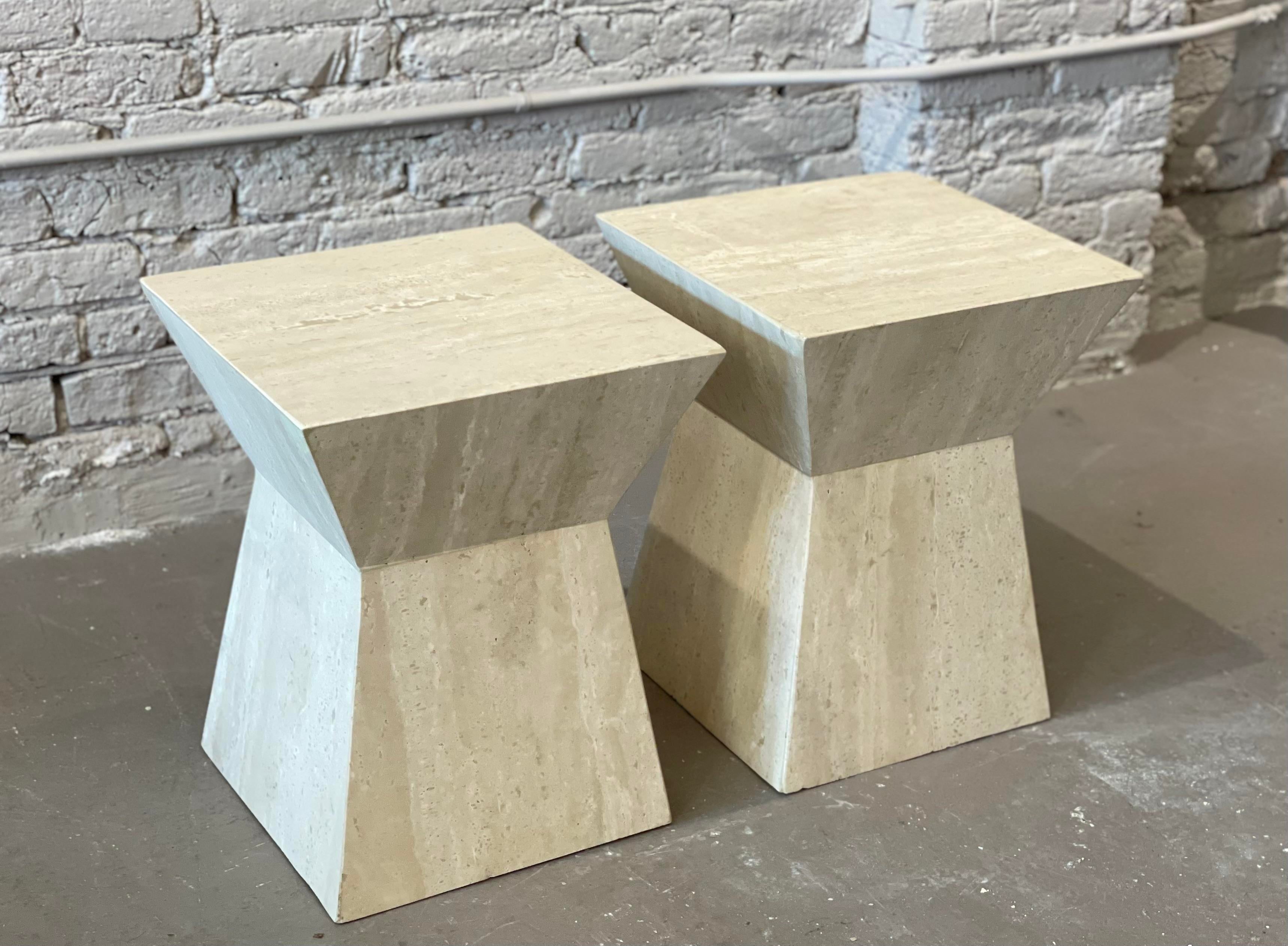 1980s Travertine Angled Postmodern Vintage Side Tables - a Pair