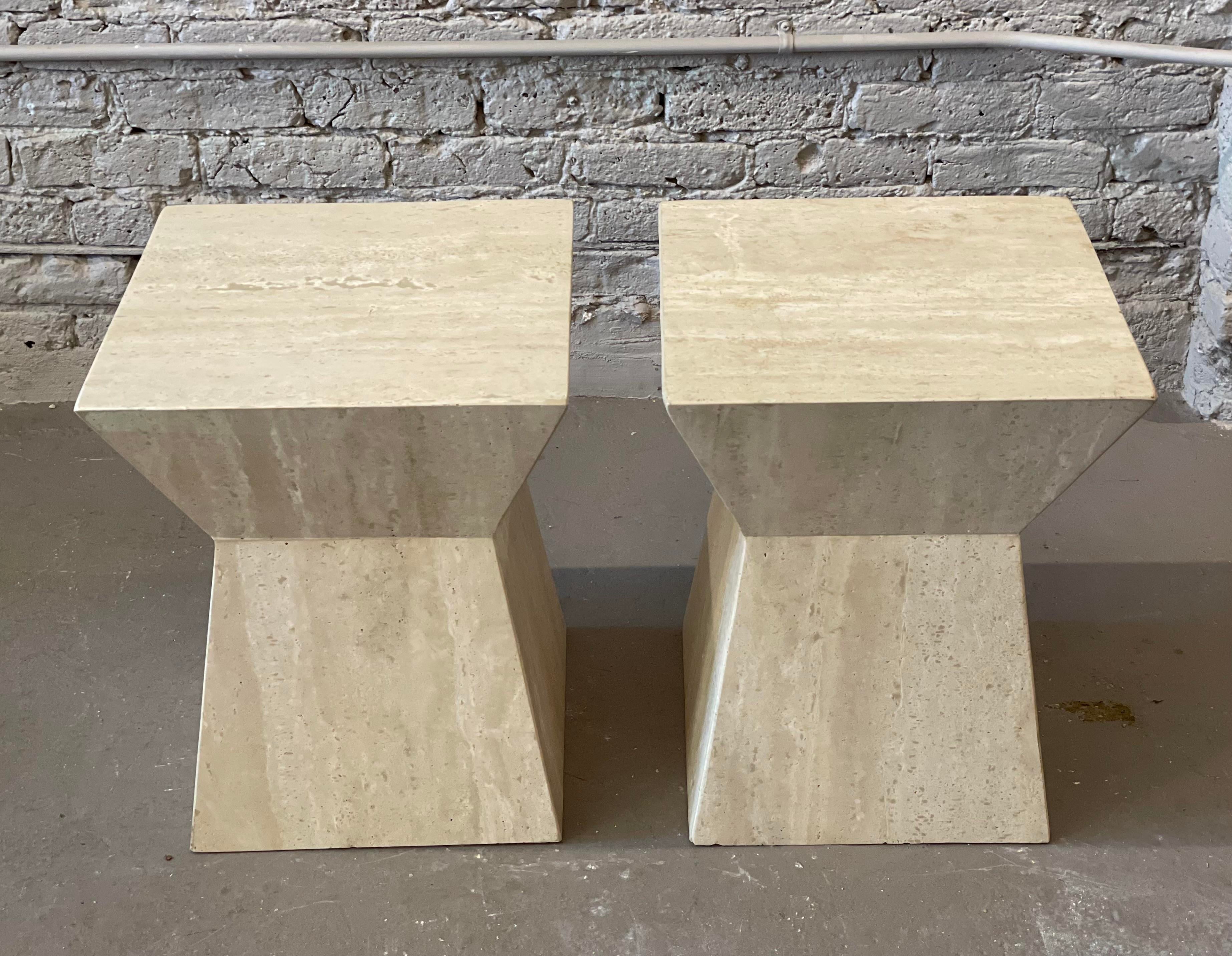 1980s Travertine Angled Postmodern Vintage Side Tables - a Pair