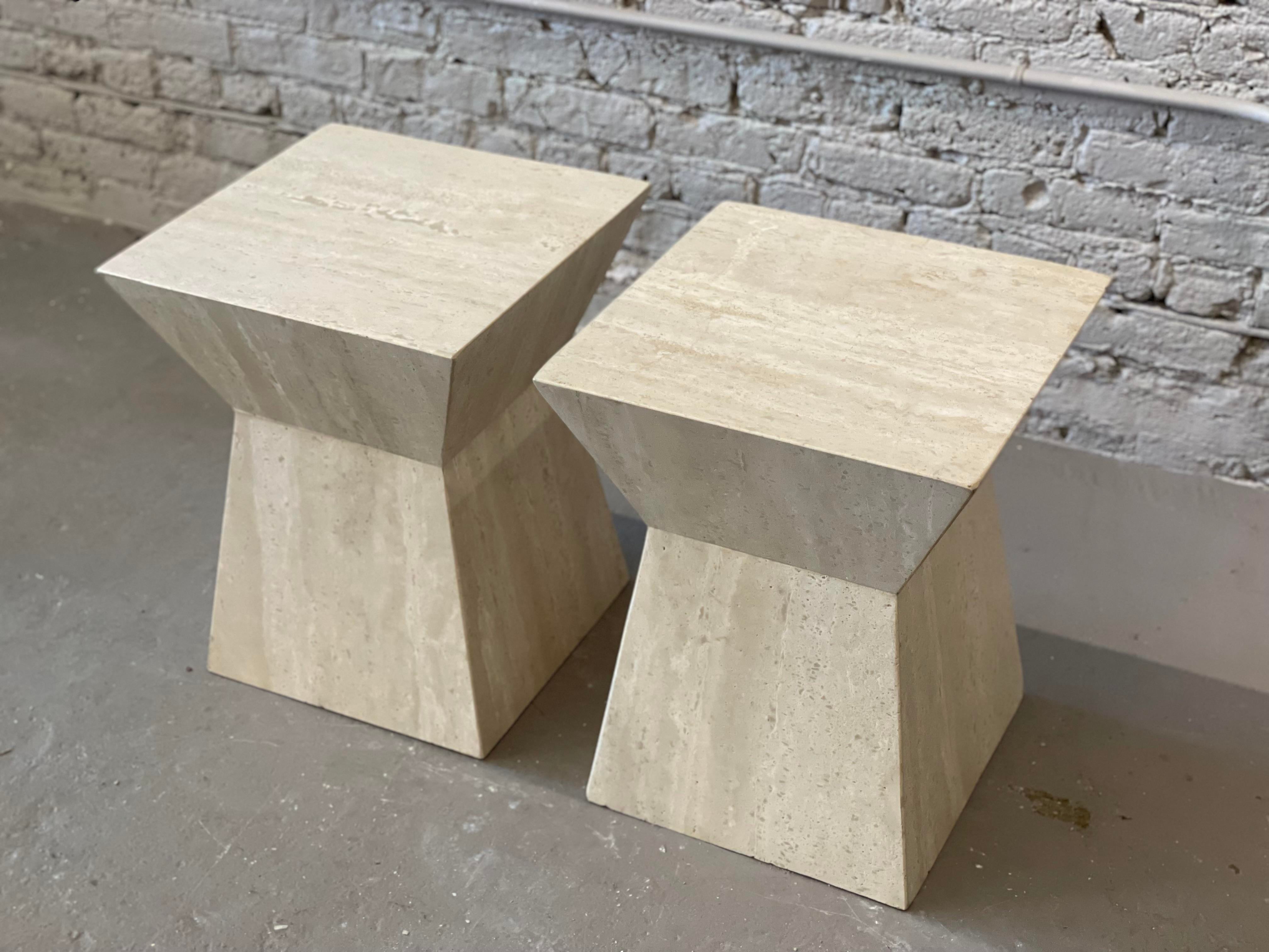 1980s Travertine Angled Postmodern Vintage Side Tables - a Pair