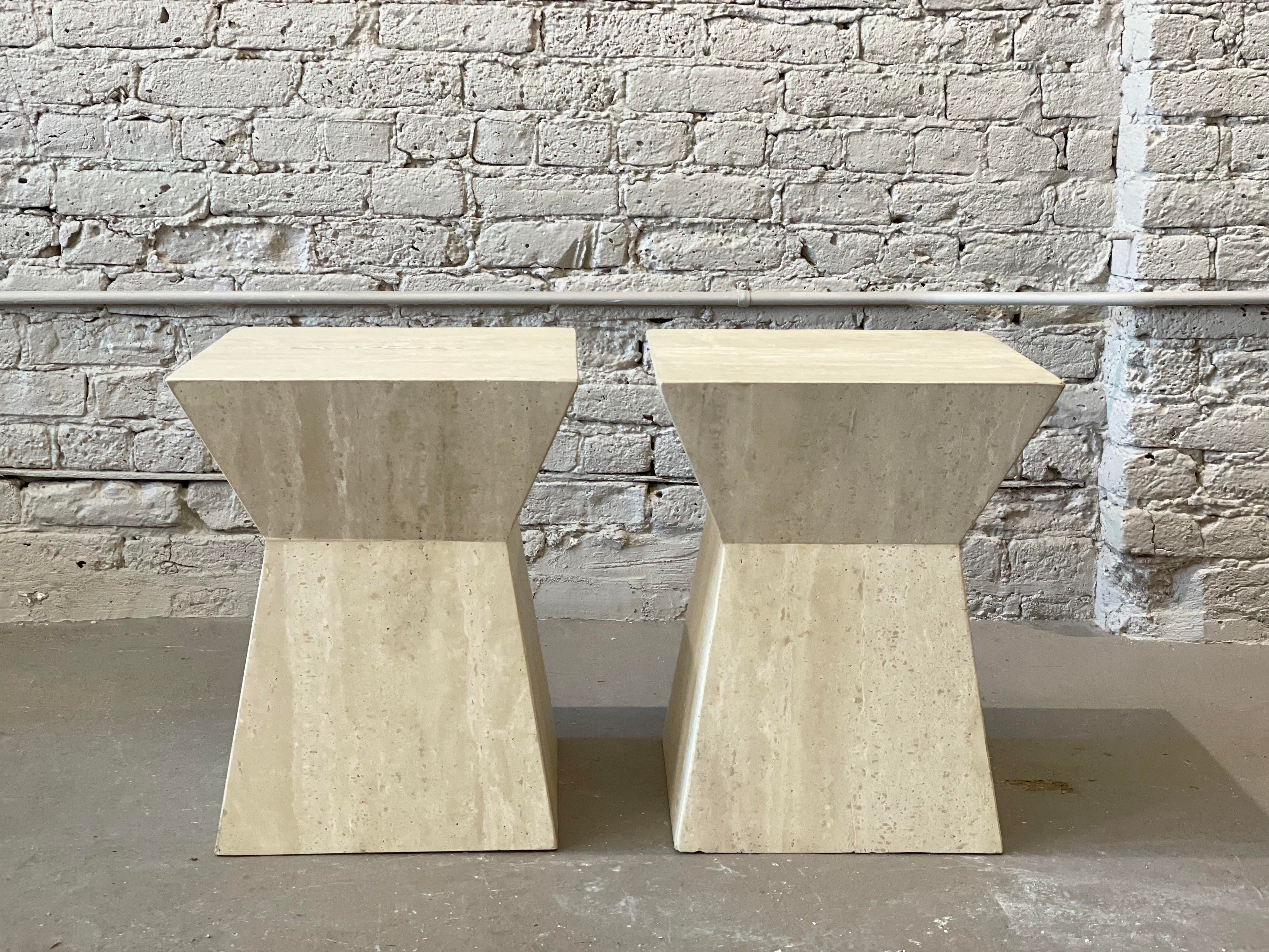 1980s Travertine Angled Postmodern Vintage Side Tables - a Pair