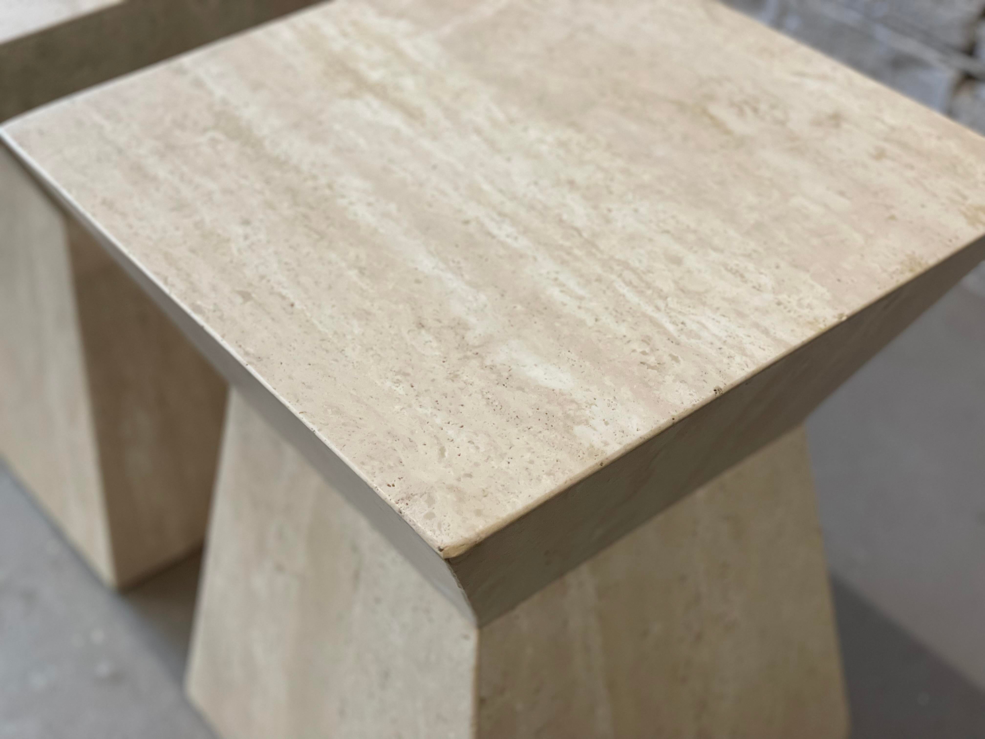 1980s Travertine Angled Postmodern Vintage Side Tables - a Pair