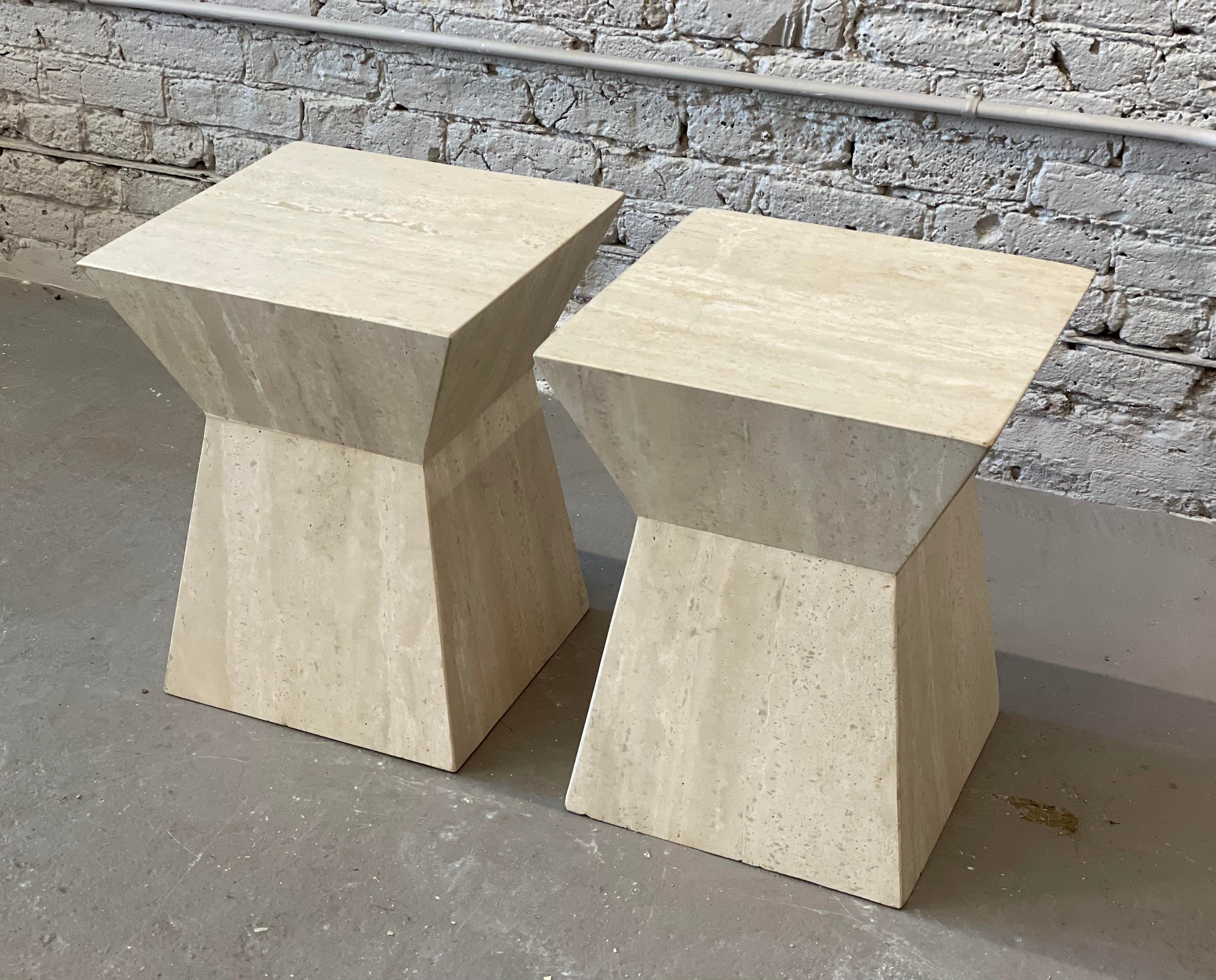 1980s Travertine Angled Postmodern Vintage Side Tables - a Pair