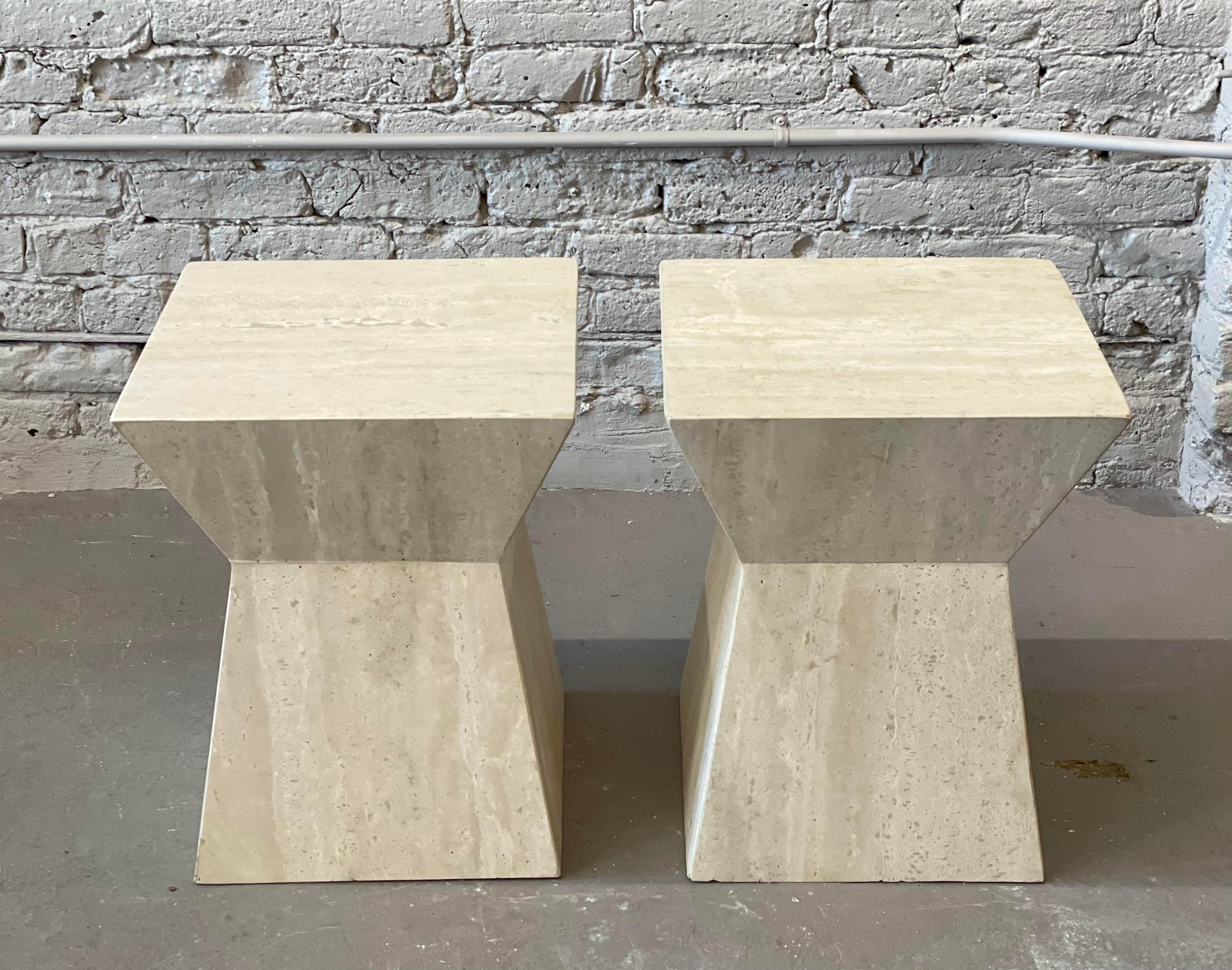 1980s Travertine Angled Postmodern Vintage Side Tables - a Pair