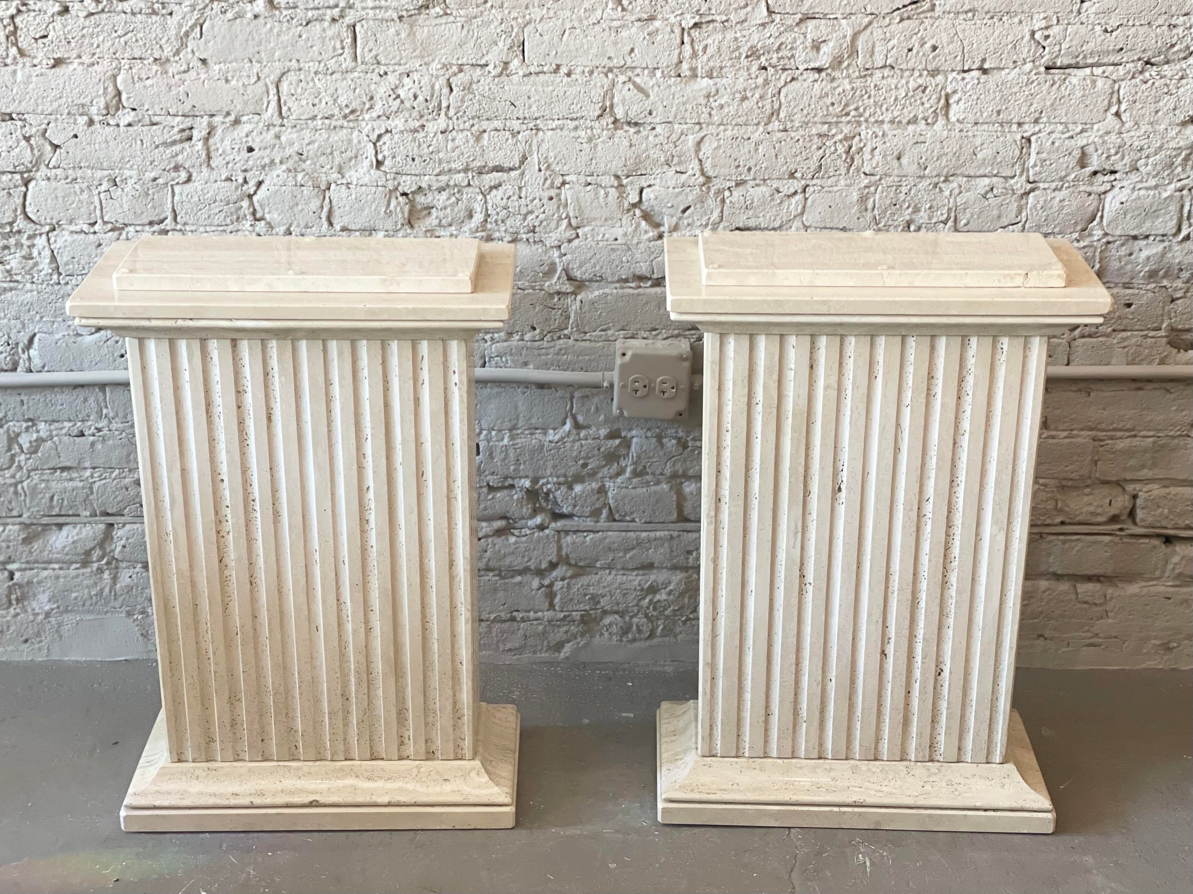 1980s Travertine Channeled Pedestals - a Pair