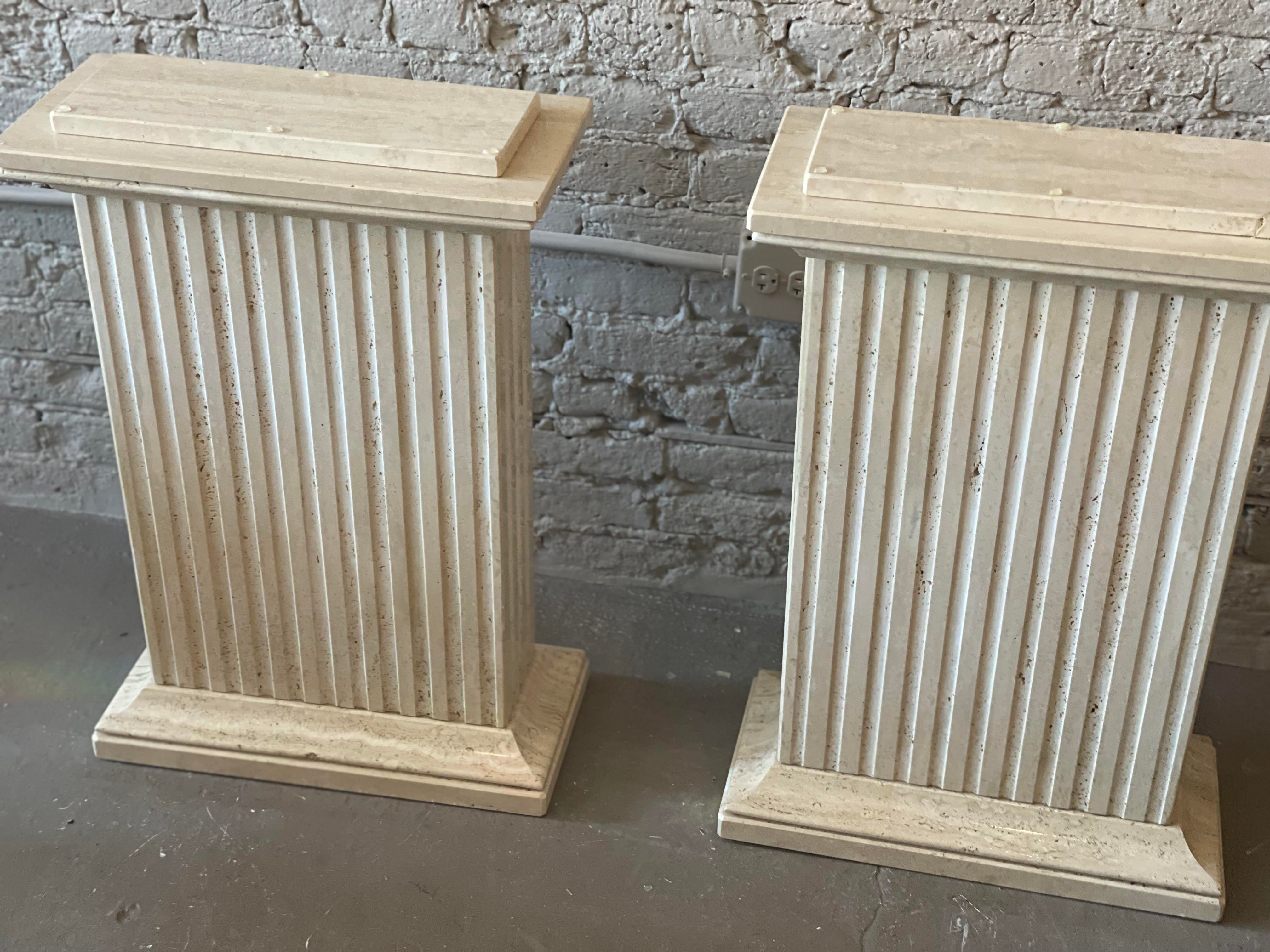 1980s Travertine Channeled Pedestals - a Pair
