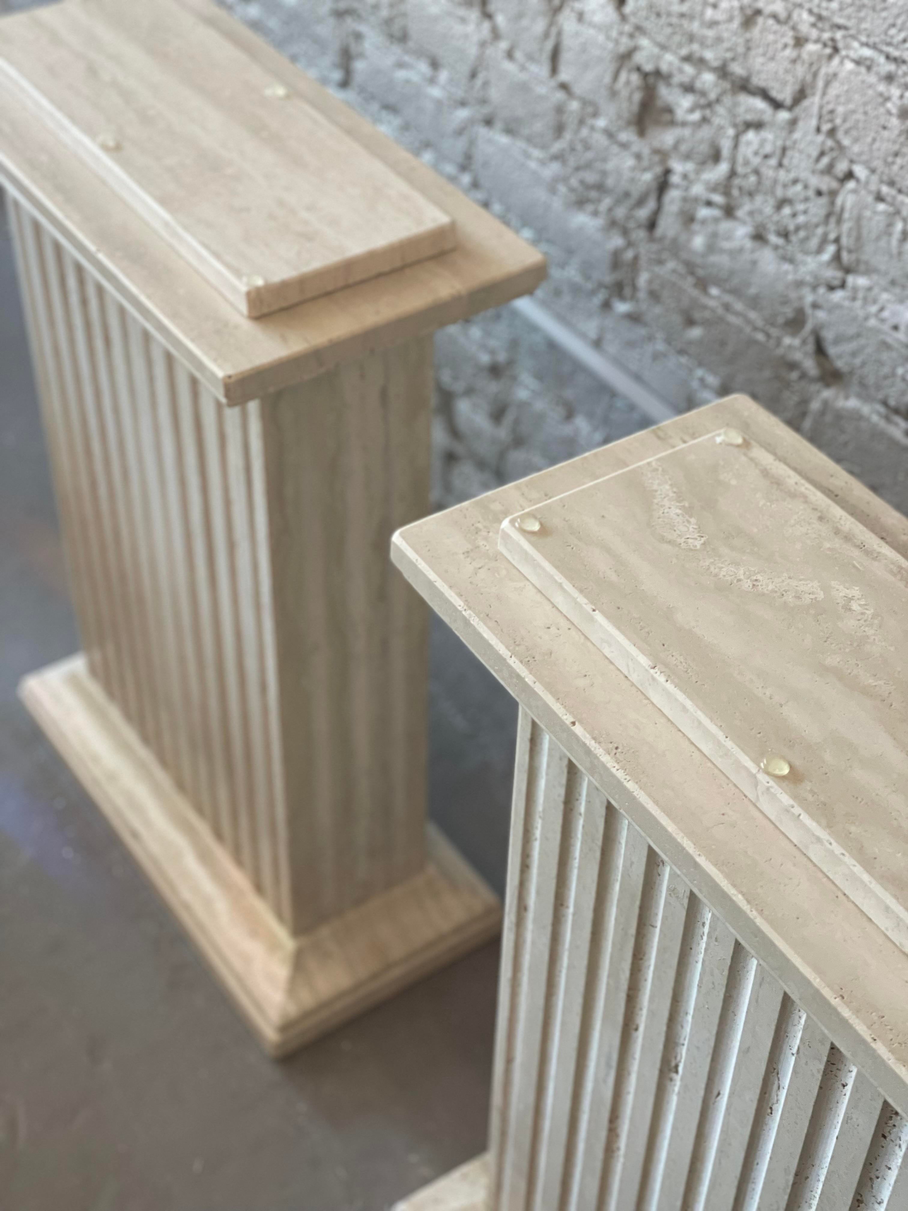 1980s Travertine Channeled Pedestals - a Pair