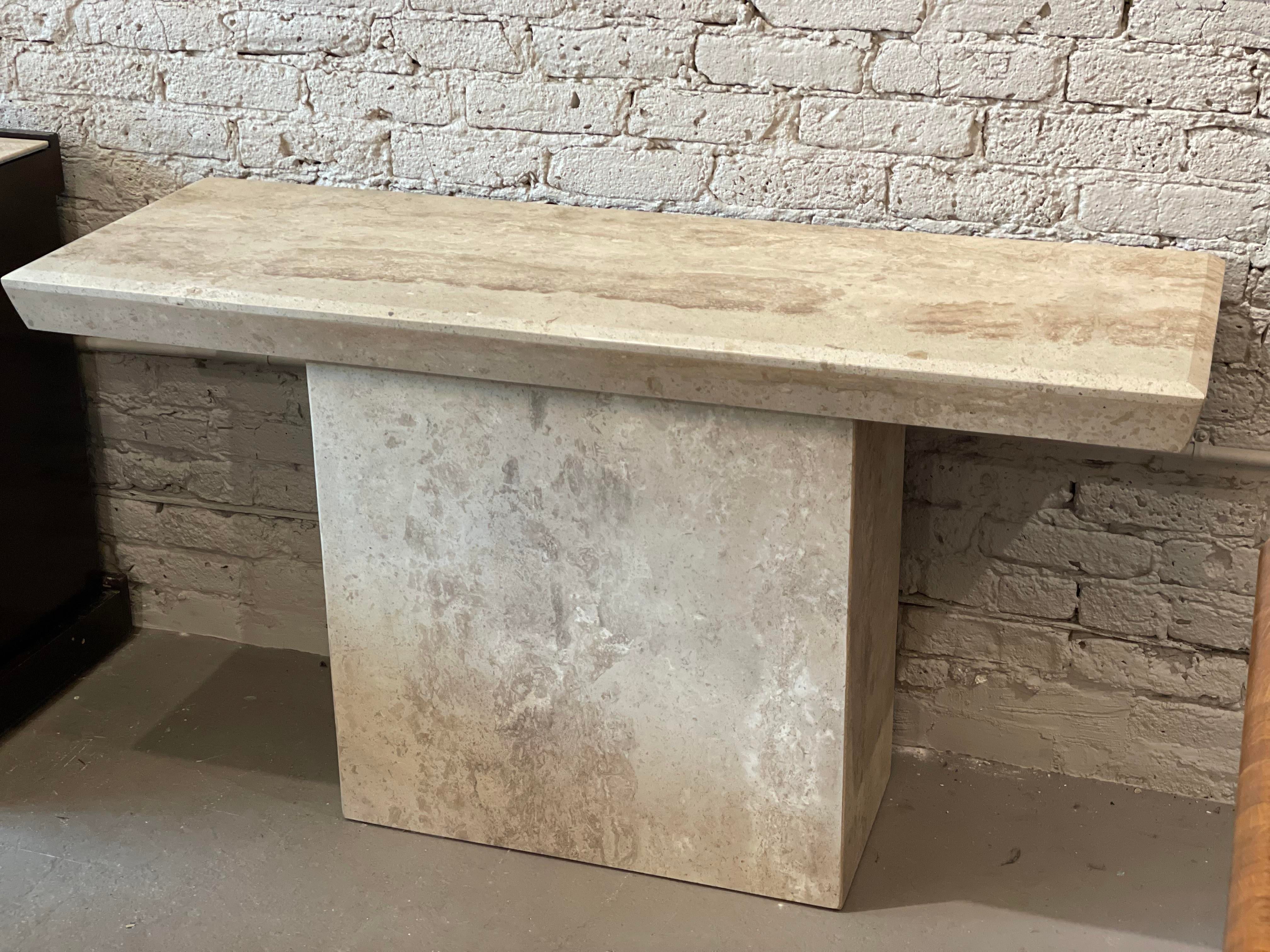 1980s Travertine Postmodern Vintage Angled Edge Console Sofa Table