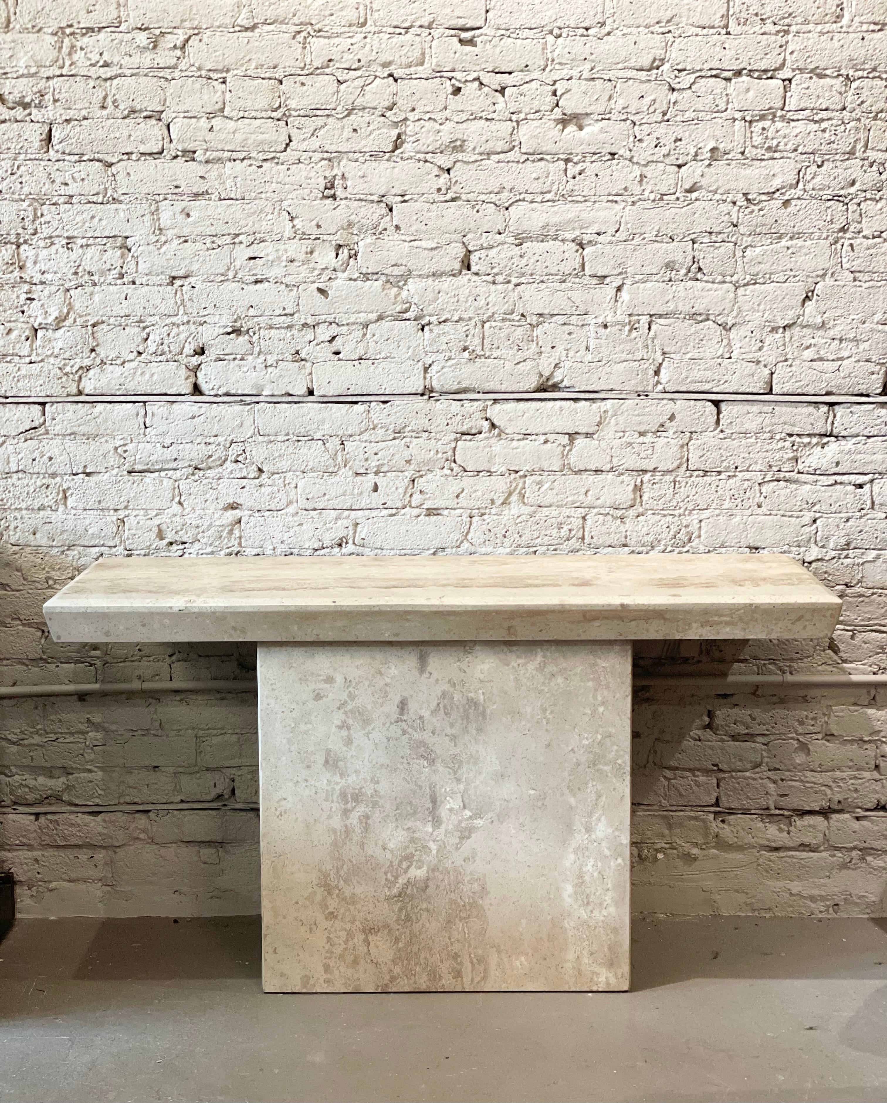 1980s Travertine Postmodern Vintage Angled Edge Console Sofa Table