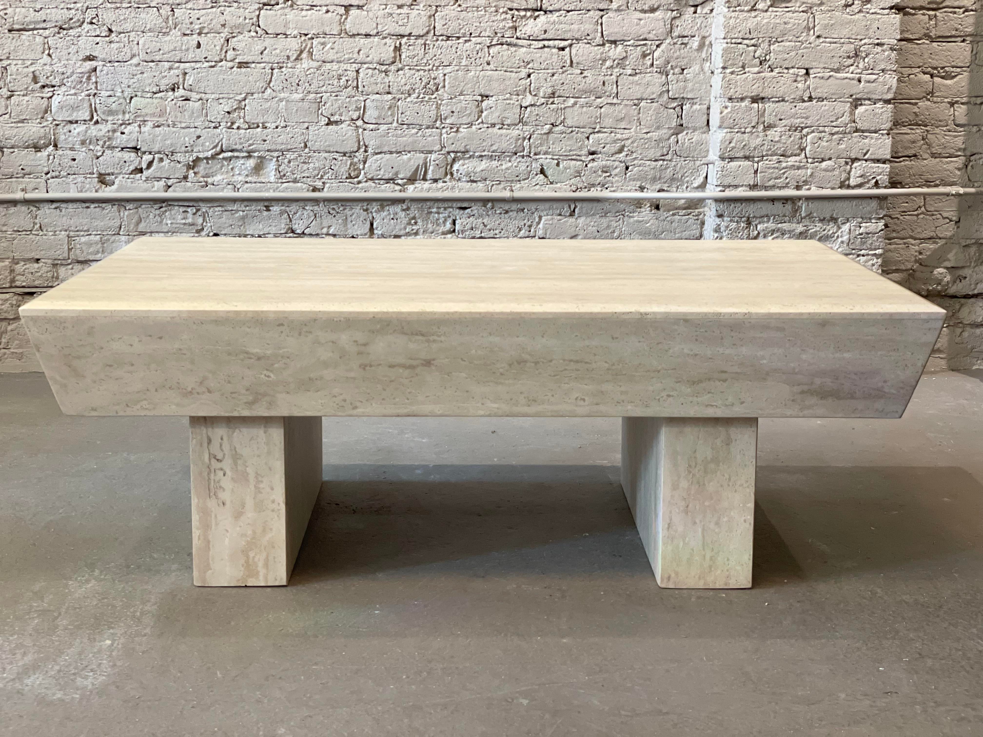 1980s Travertine Postmodern Vintage Coffee Table With Angled Edge