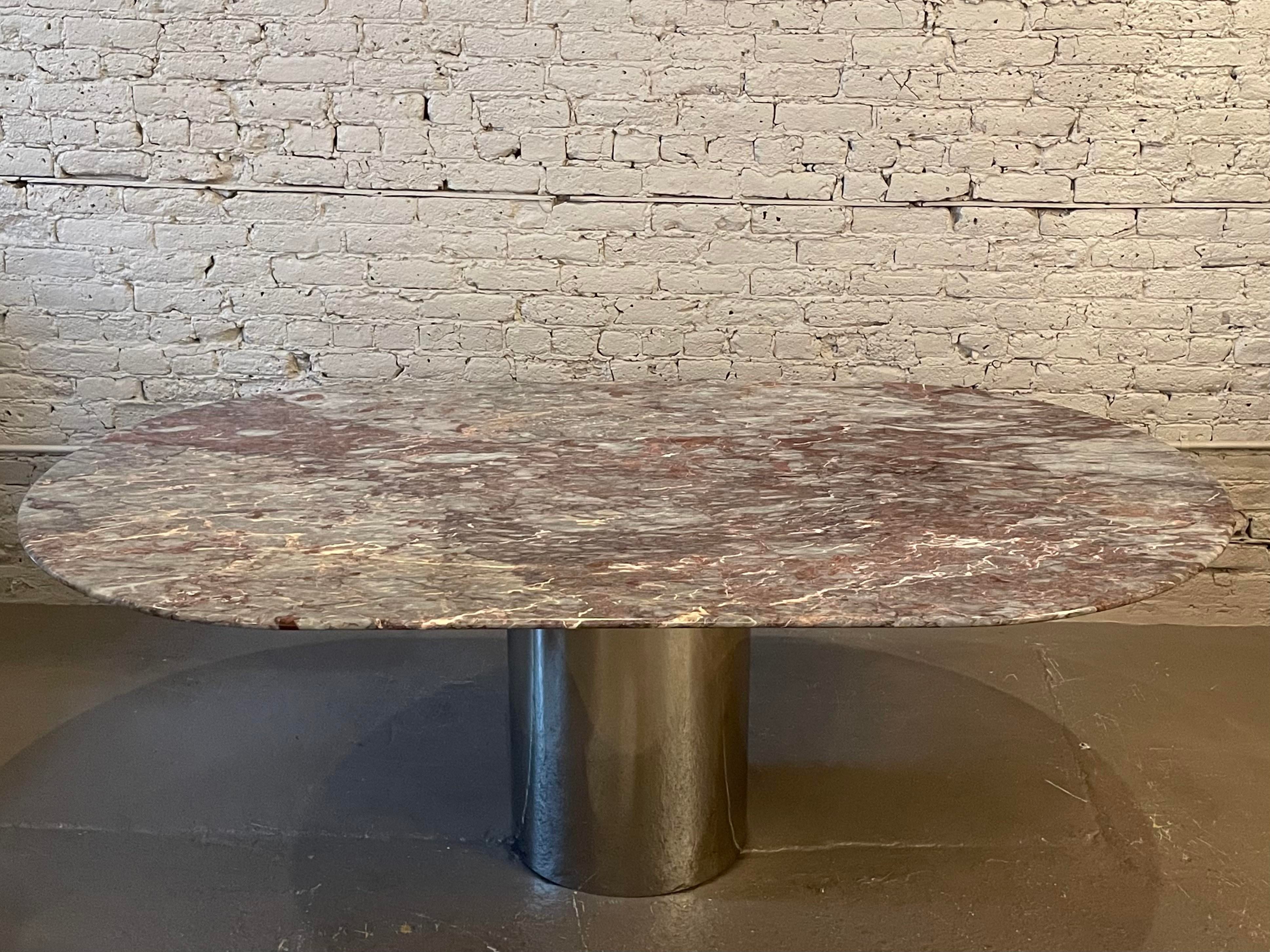 1980s Vintage Custom Oval Marble Dining Table With Chrome Base