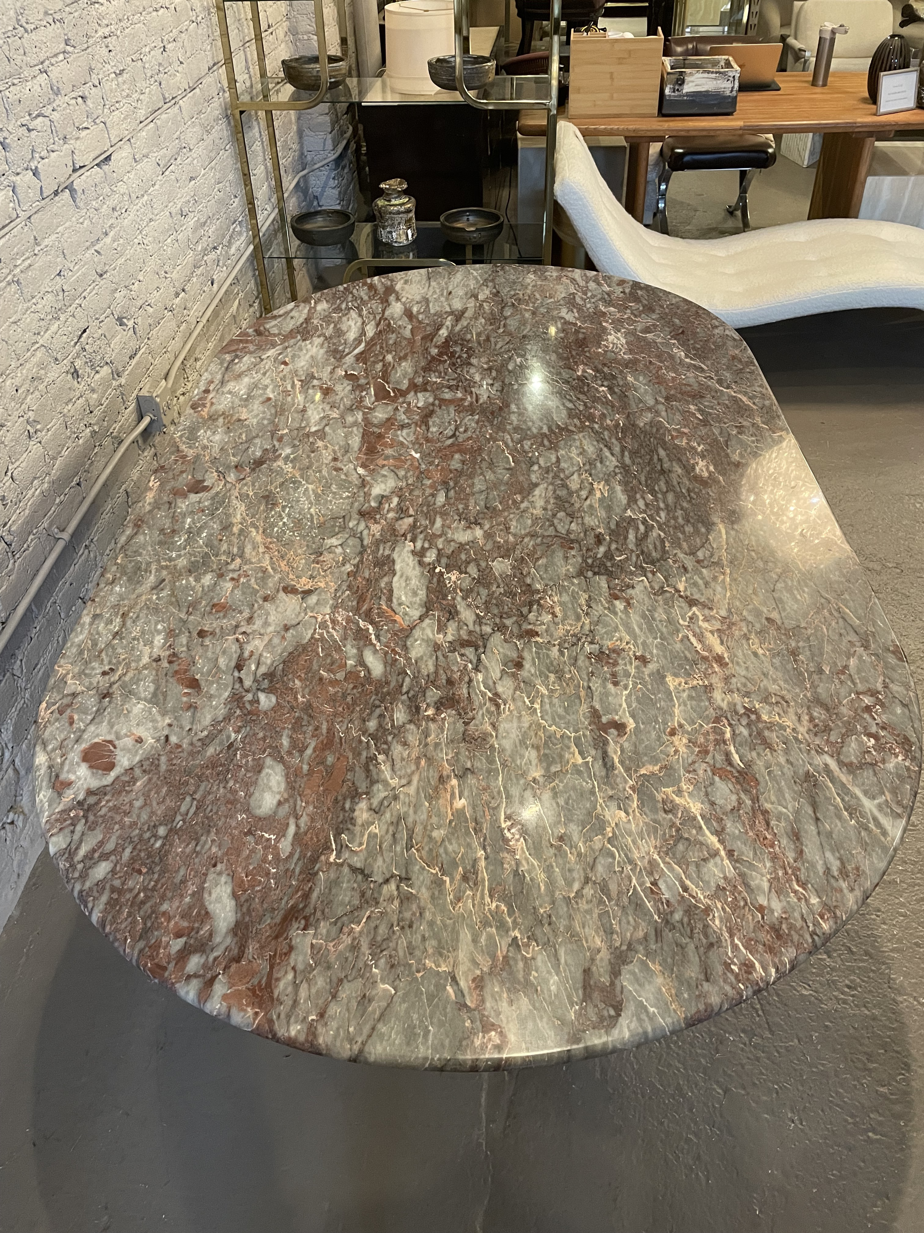 1980s Vintage Custom Oval Marble Dining Table With Chrome Base