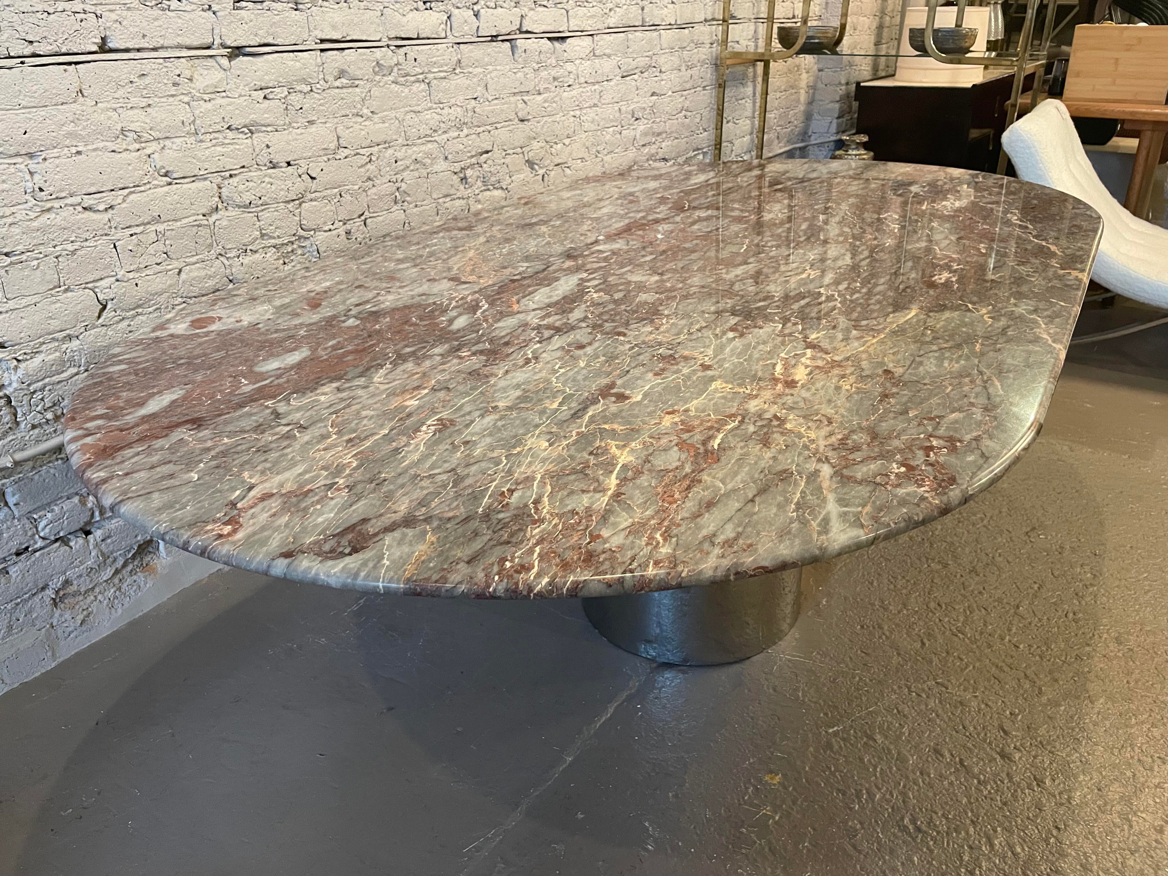 1980s Vintage Custom Oval Marble Dining Table With Chrome Base