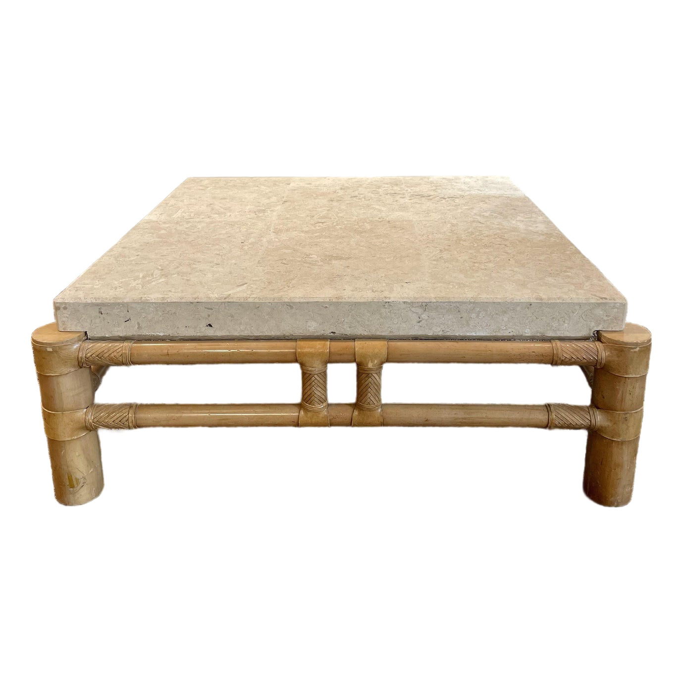 1980s Vintage in the Manner of Henredon Travertine and Bamboo Coffee Table