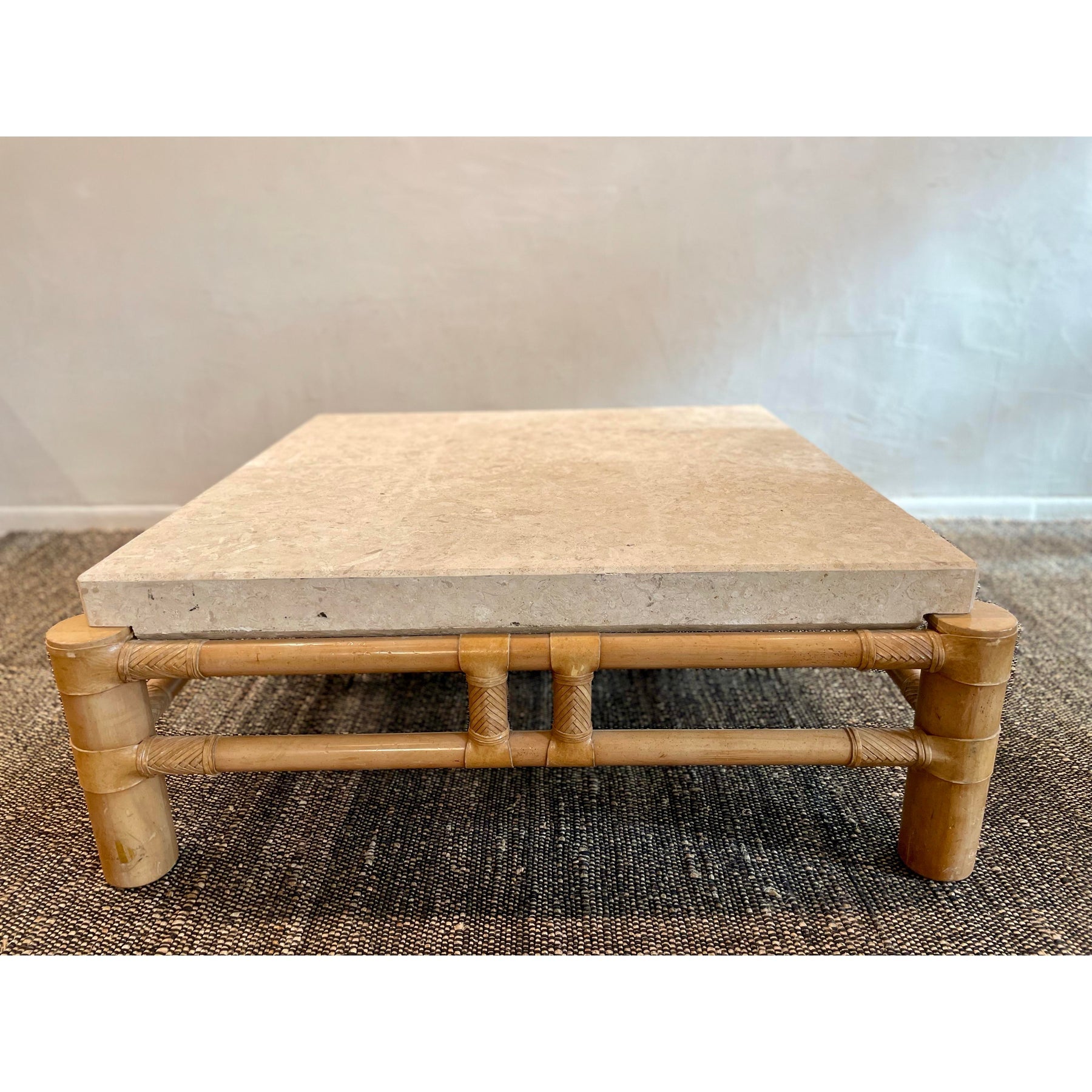1980s Vintage in the Manner of Henredon Travertine and Bamboo Coffee Table