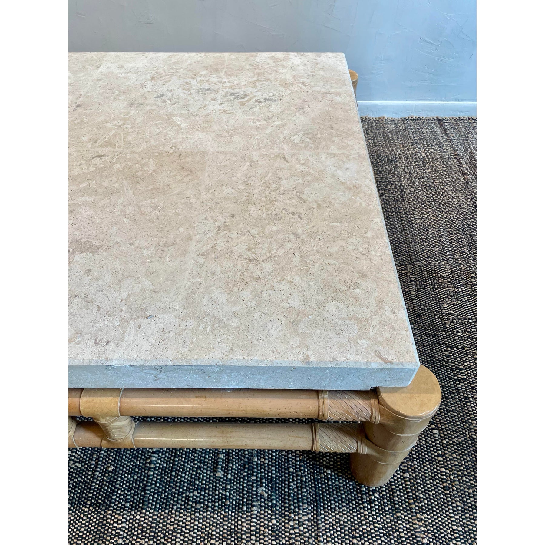 1980s Vintage in the Manner of Henredon Travertine and Bamboo Coffee Table