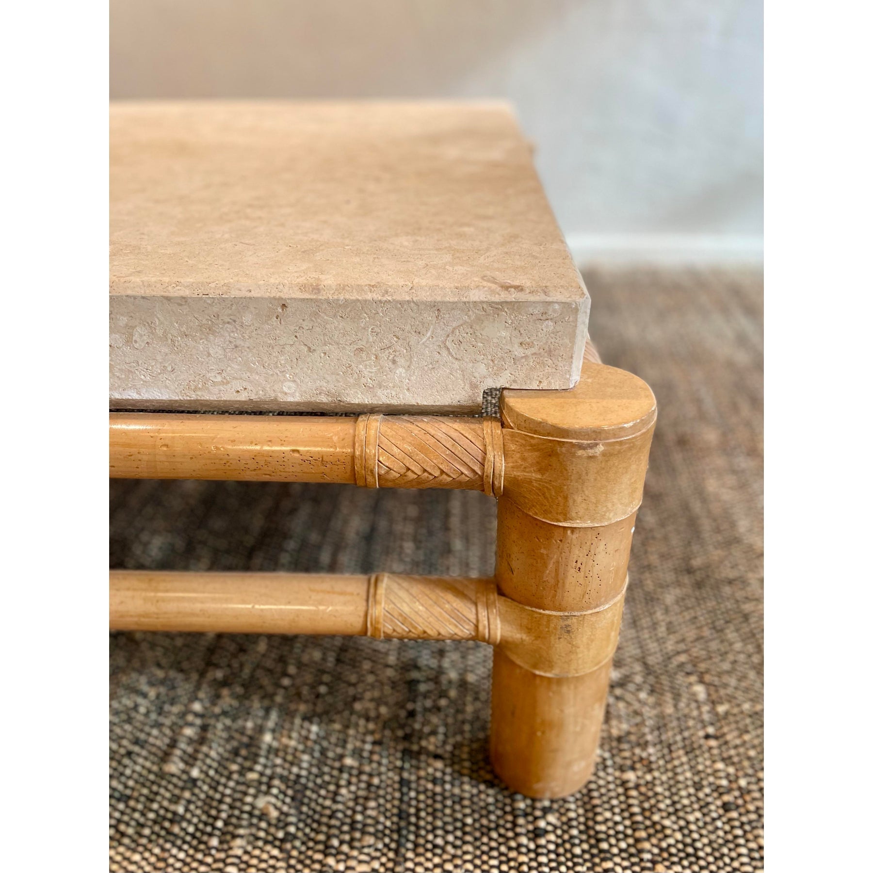 1980s Vintage in the Manner of Henredon Travertine and Bamboo Coffee Table