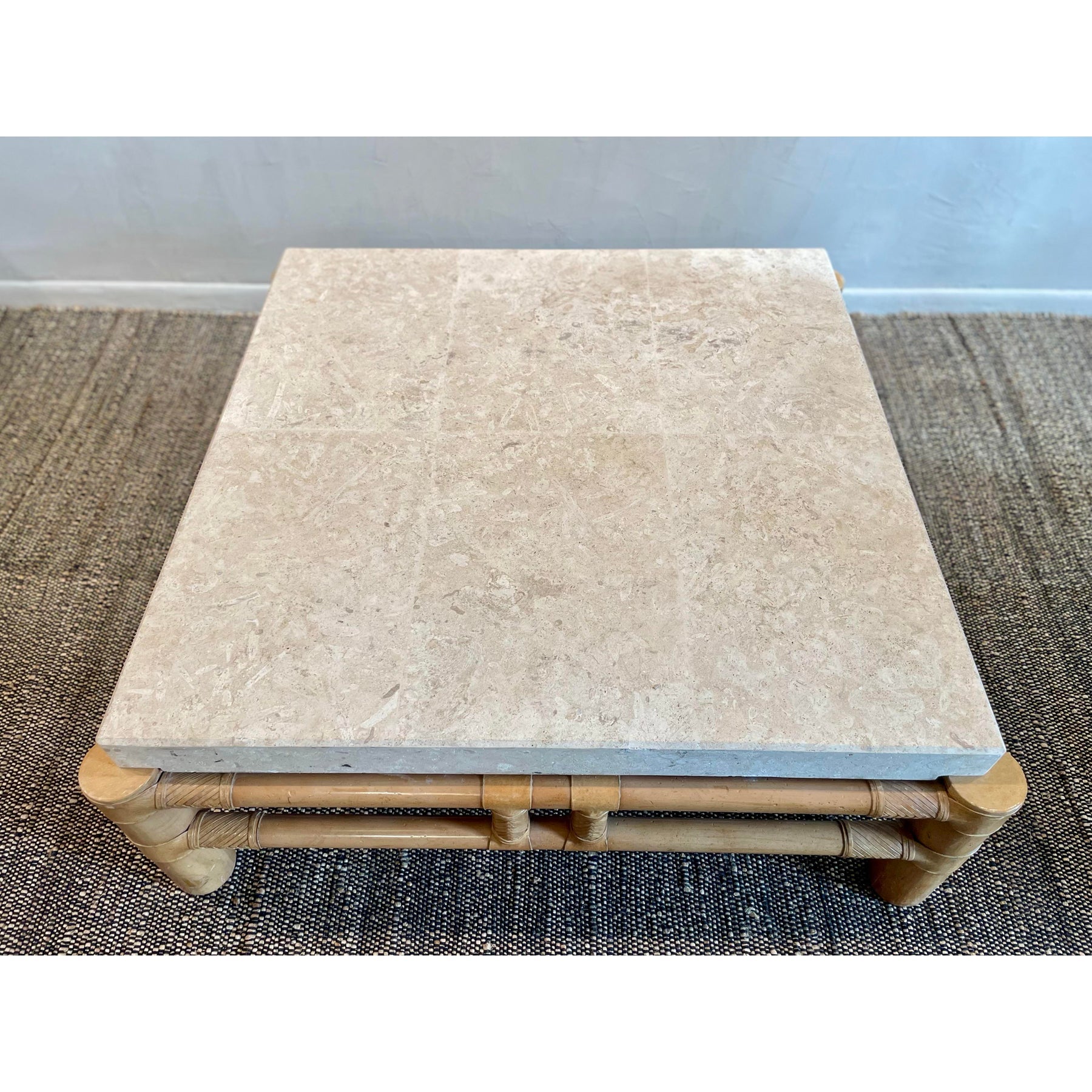 1980s Vintage in the Manner of Henredon Travertine and Bamboo Coffee Table