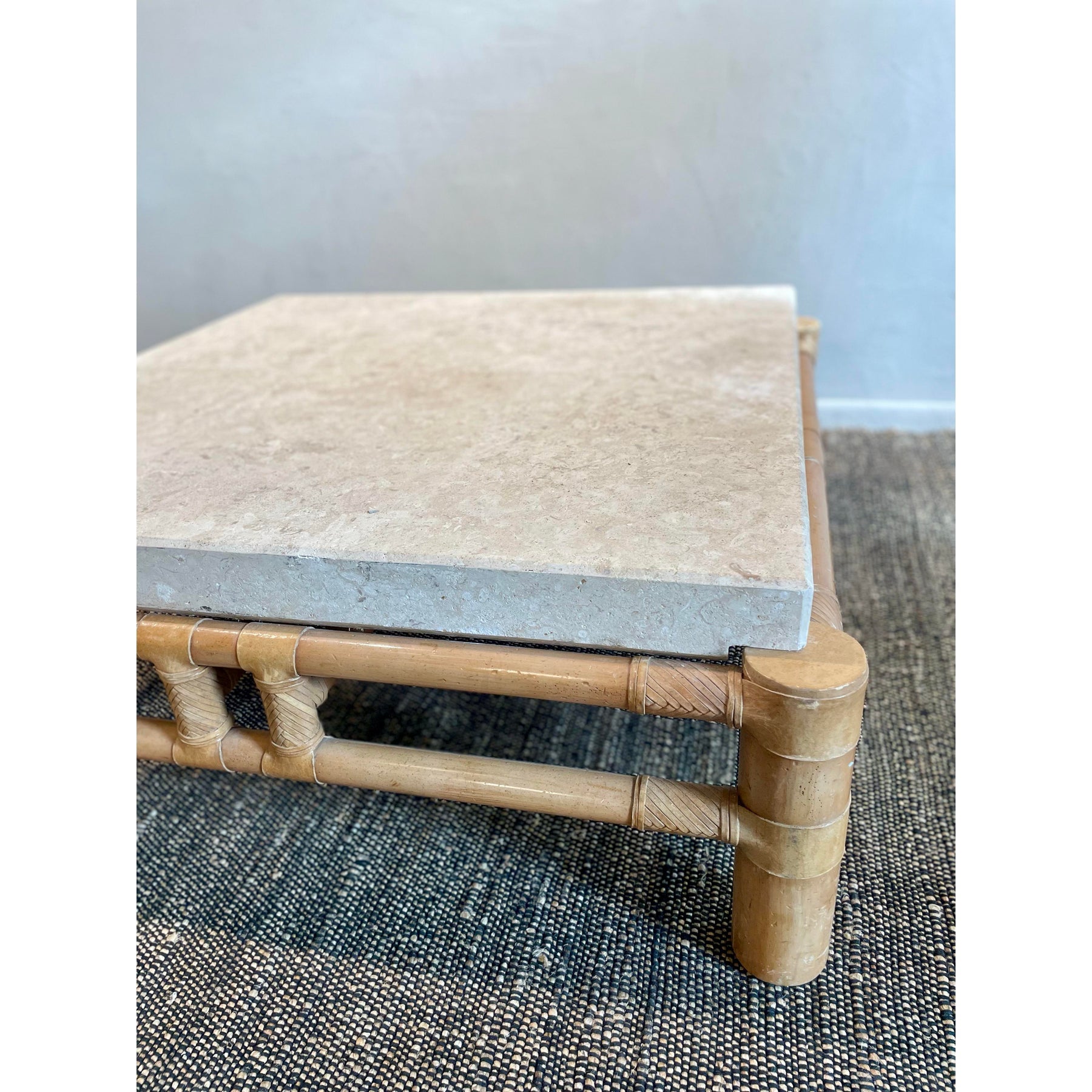 1980s Vintage in the Manner of Henredon Travertine and Bamboo Coffee Table