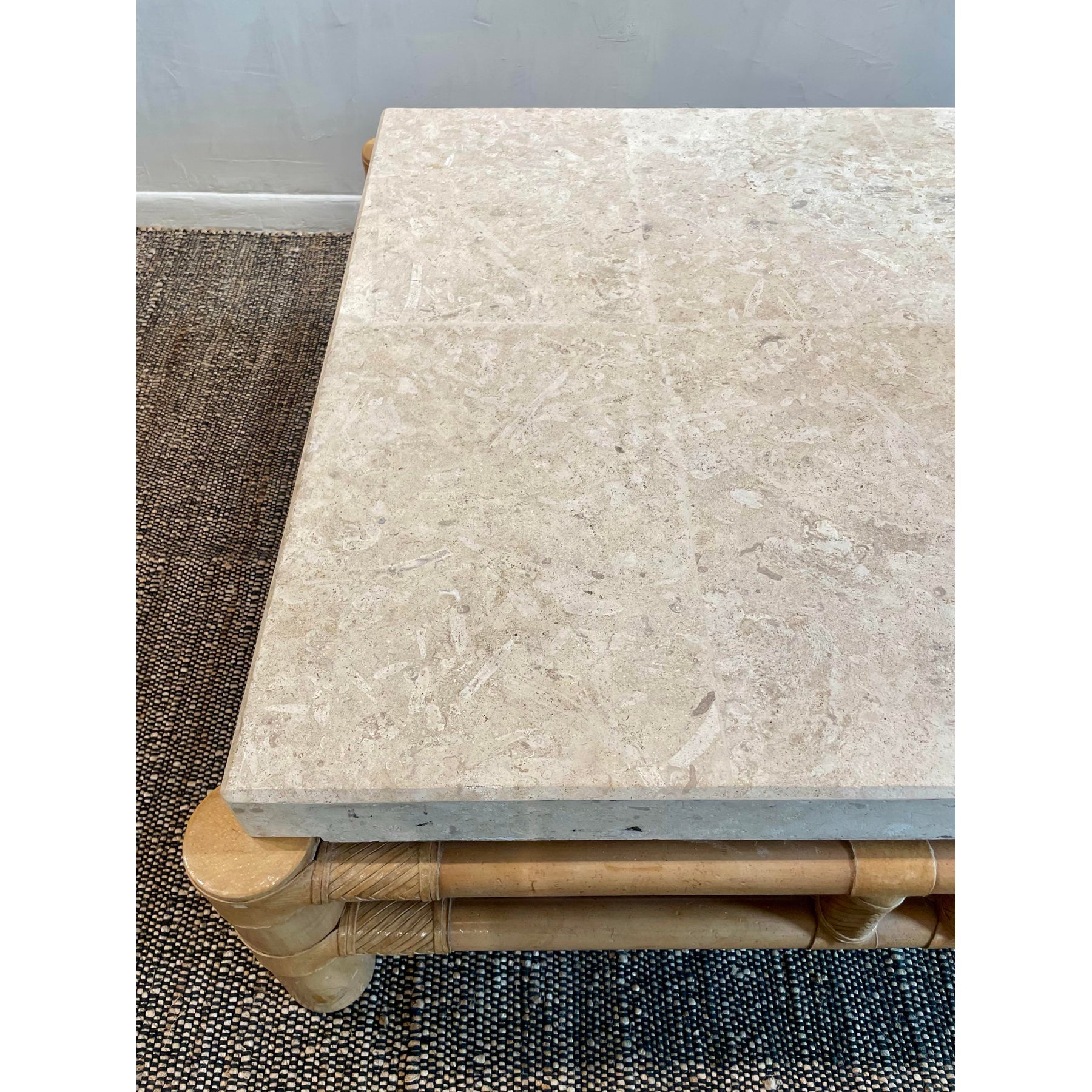 1980s Vintage in the Manner of Henredon Travertine and Bamboo Coffee Table