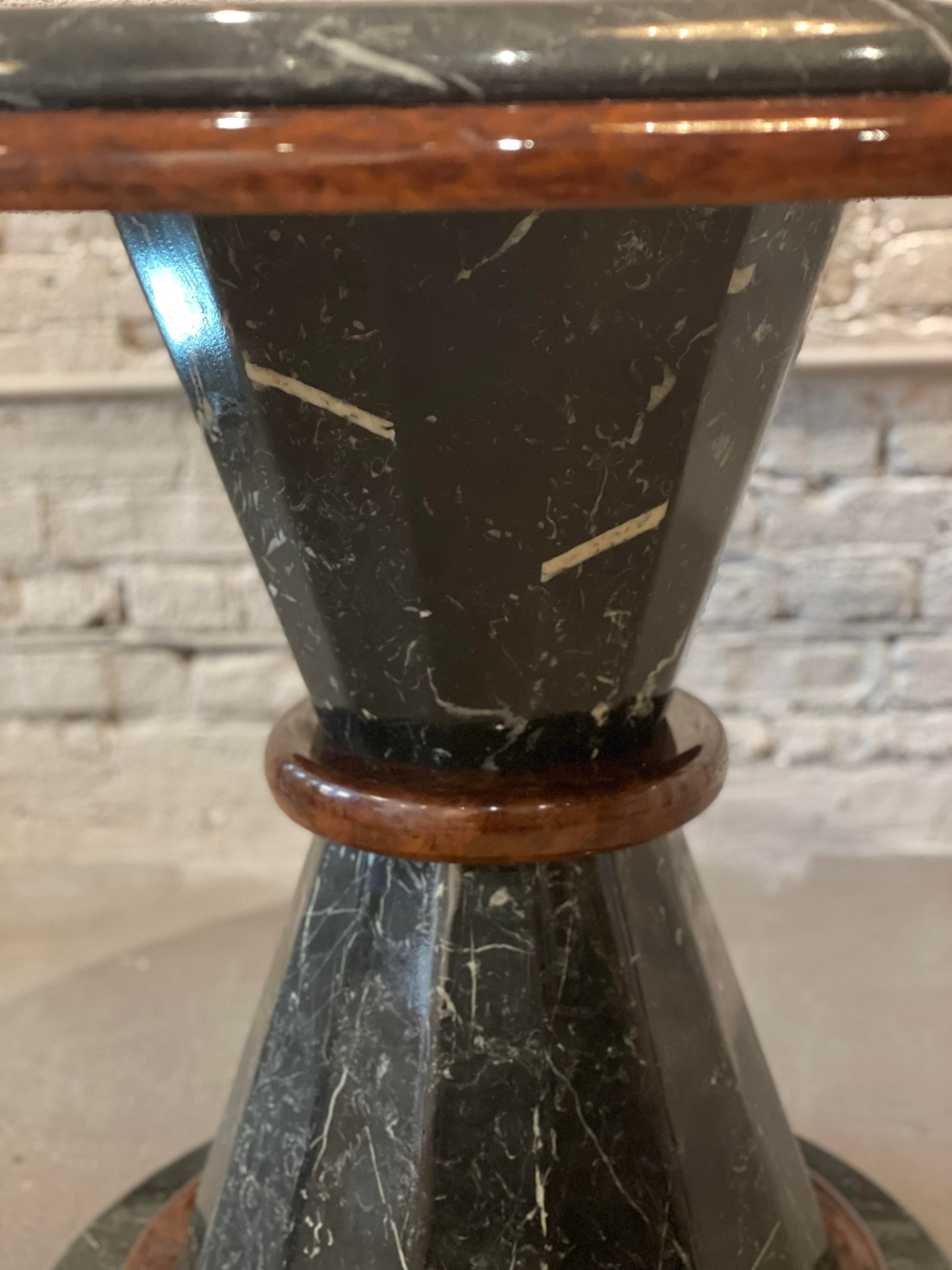 1980s Vintage Nero Marquina Black and White Marble and Wood Round Pedestal Dining Table