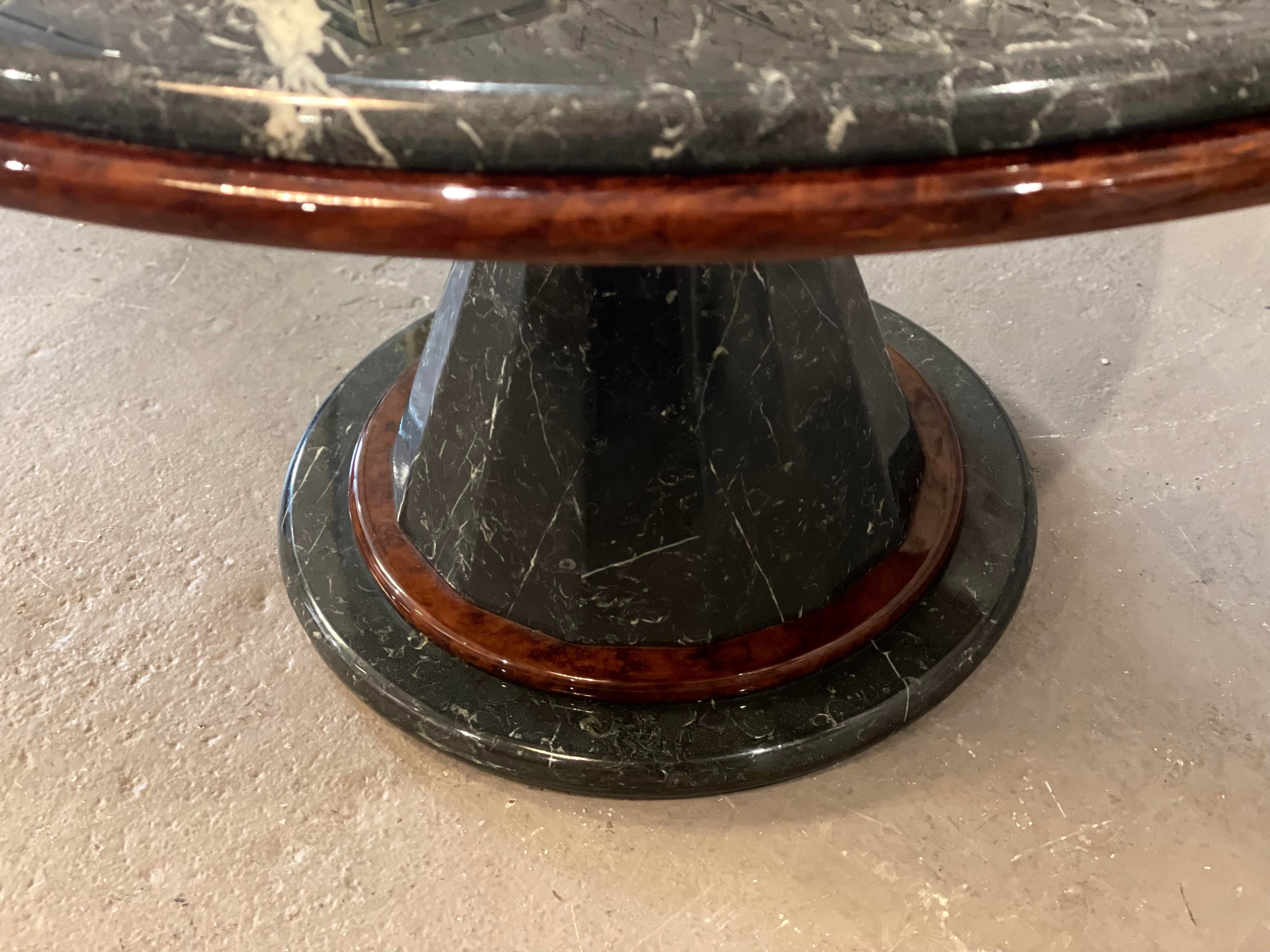 1980s Vintage Nero Marquina Black and White Marble and Wood Round Pedestal Dining Table