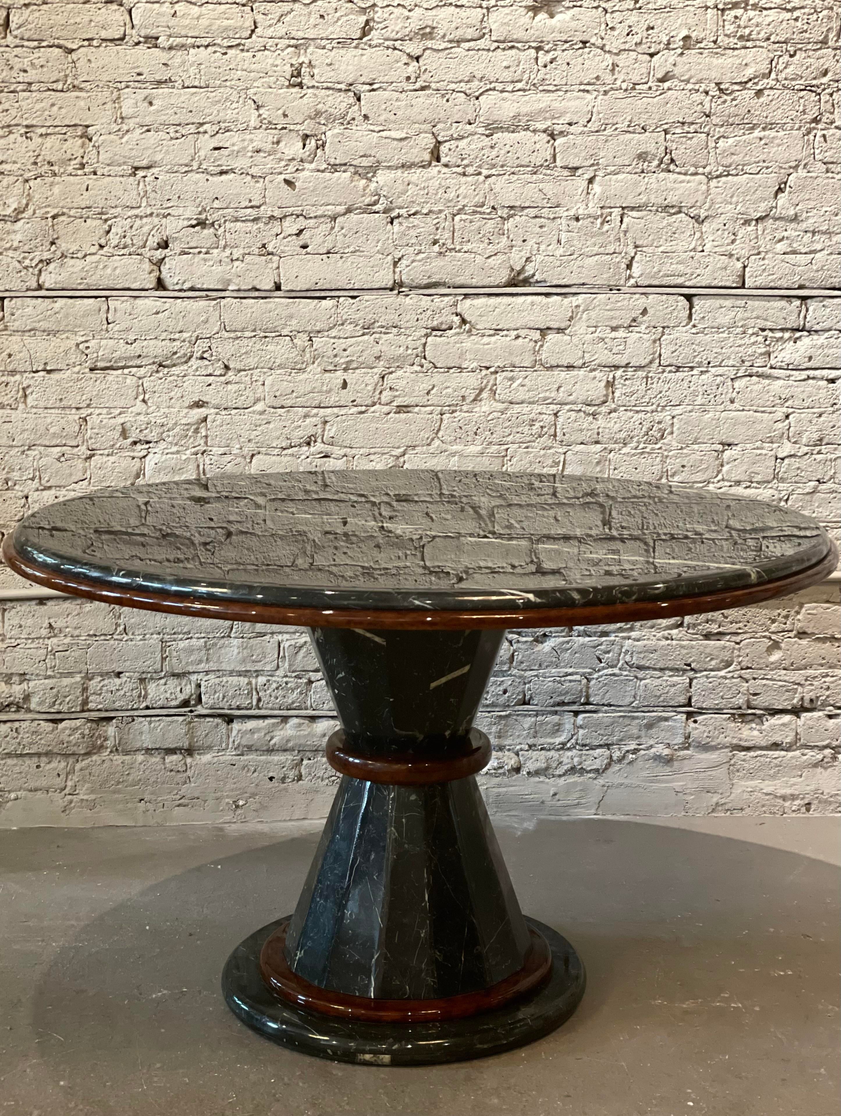 1980s Vintage Nero Marquina Black and White Marble and Wood Round Pedestal Dining Table
