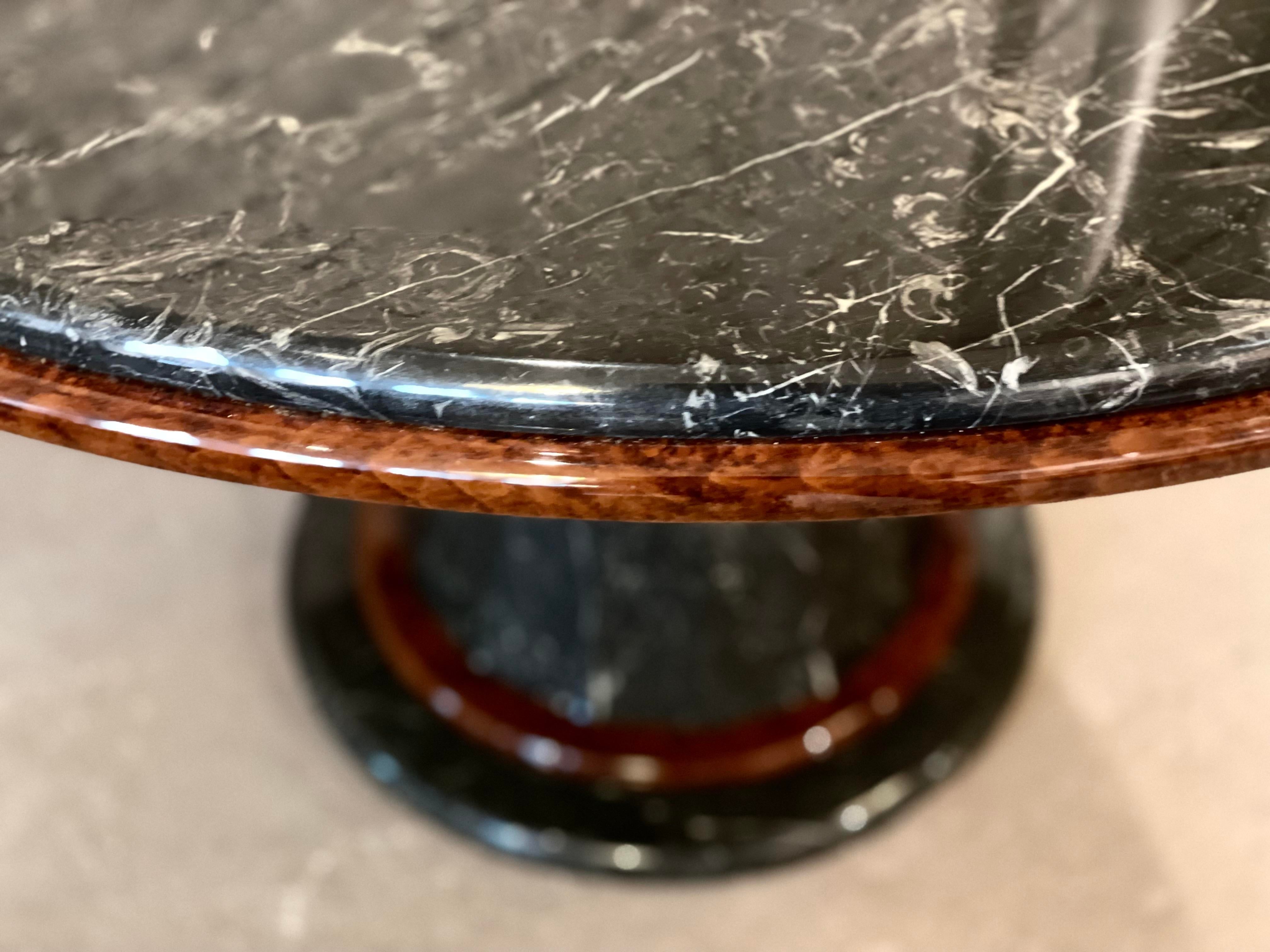 1980s Vintage Nero Marquina Black and White Marble and Wood Round Pedestal Dining Table