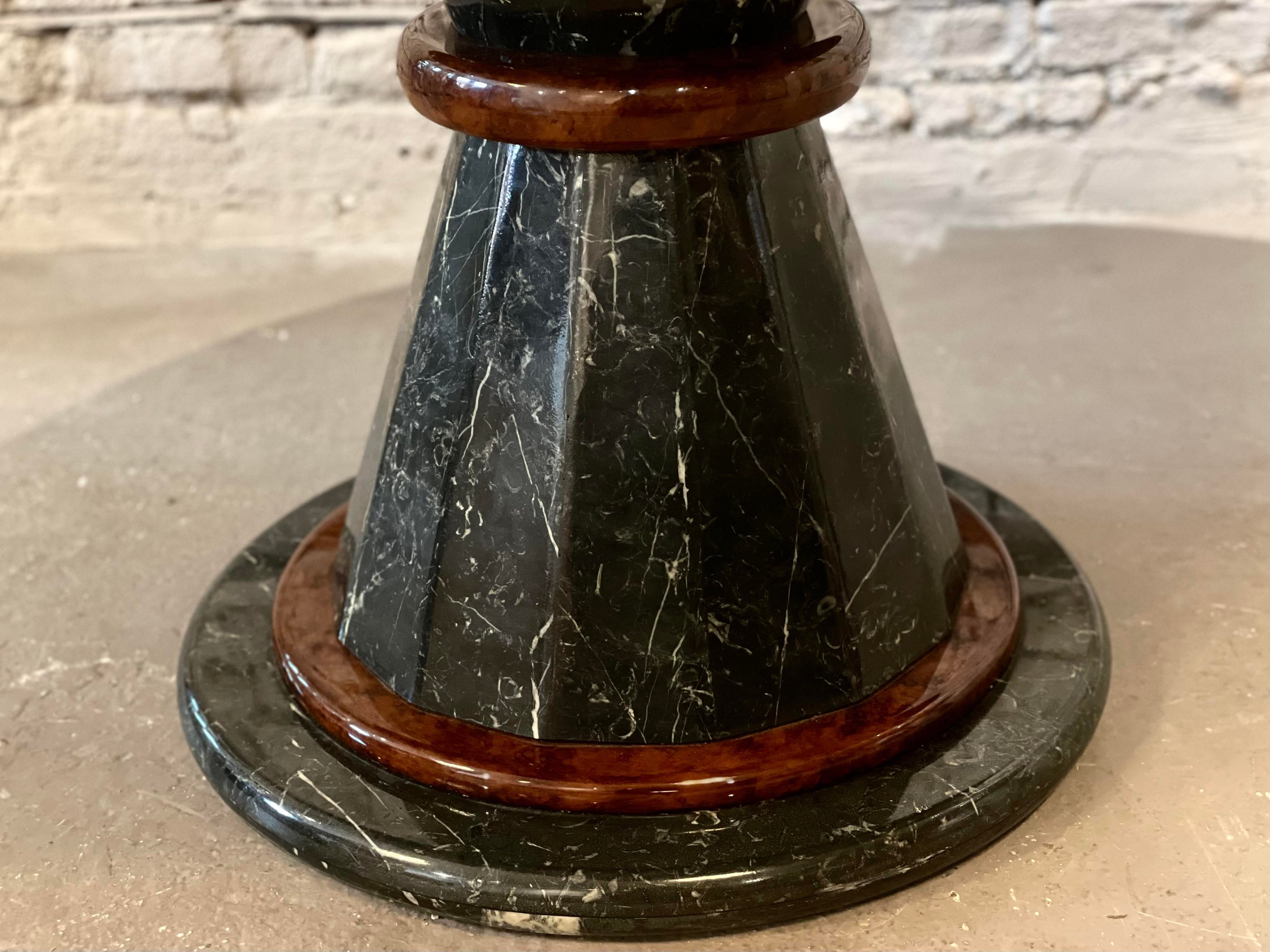 1980s Vintage Nero Marquina Black and White Marble and Wood Round Pedestal Dining Table