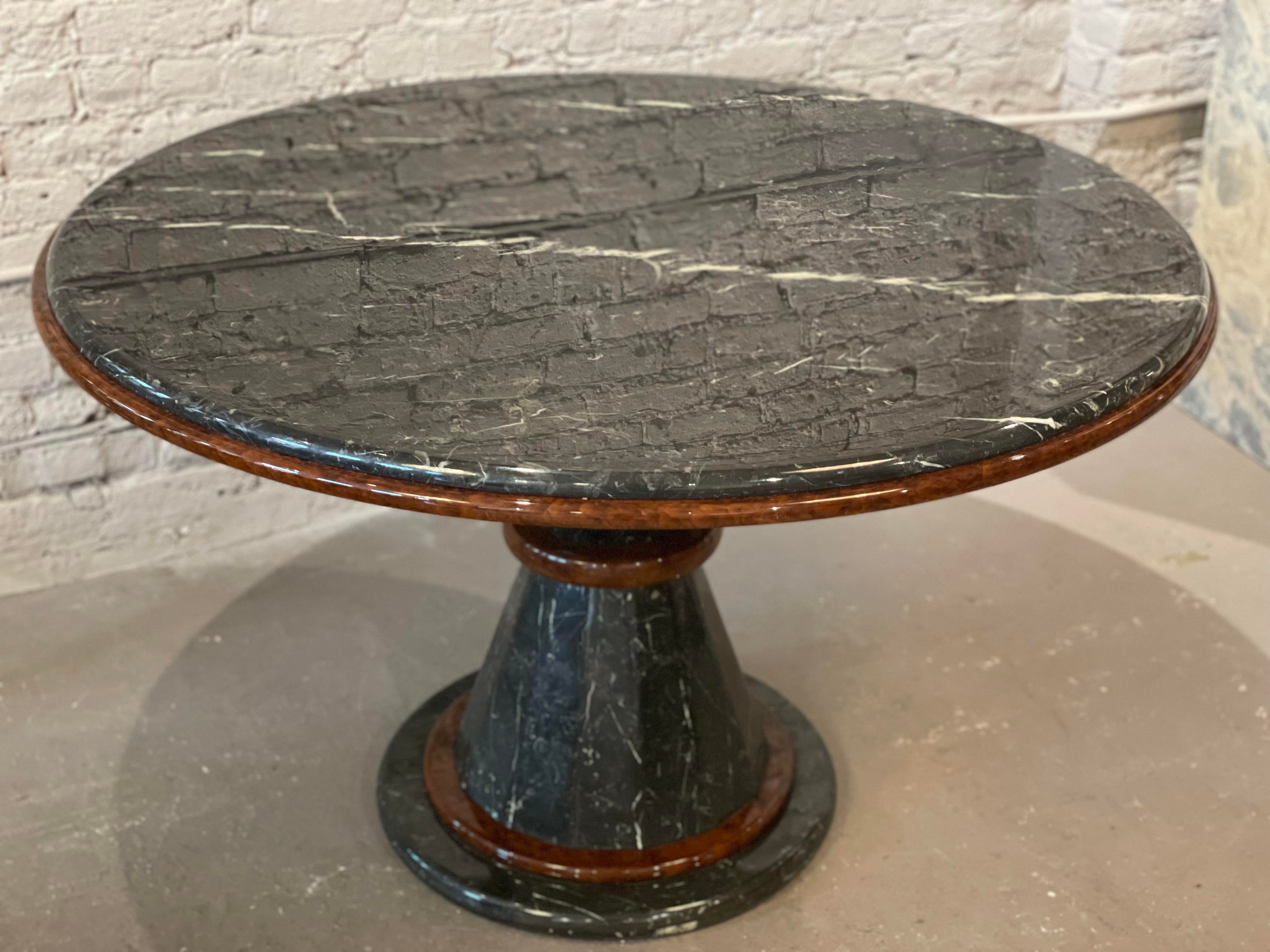 1980s Vintage Nero Marquina Black and White Marble and Wood Round Pedestal Dining Table