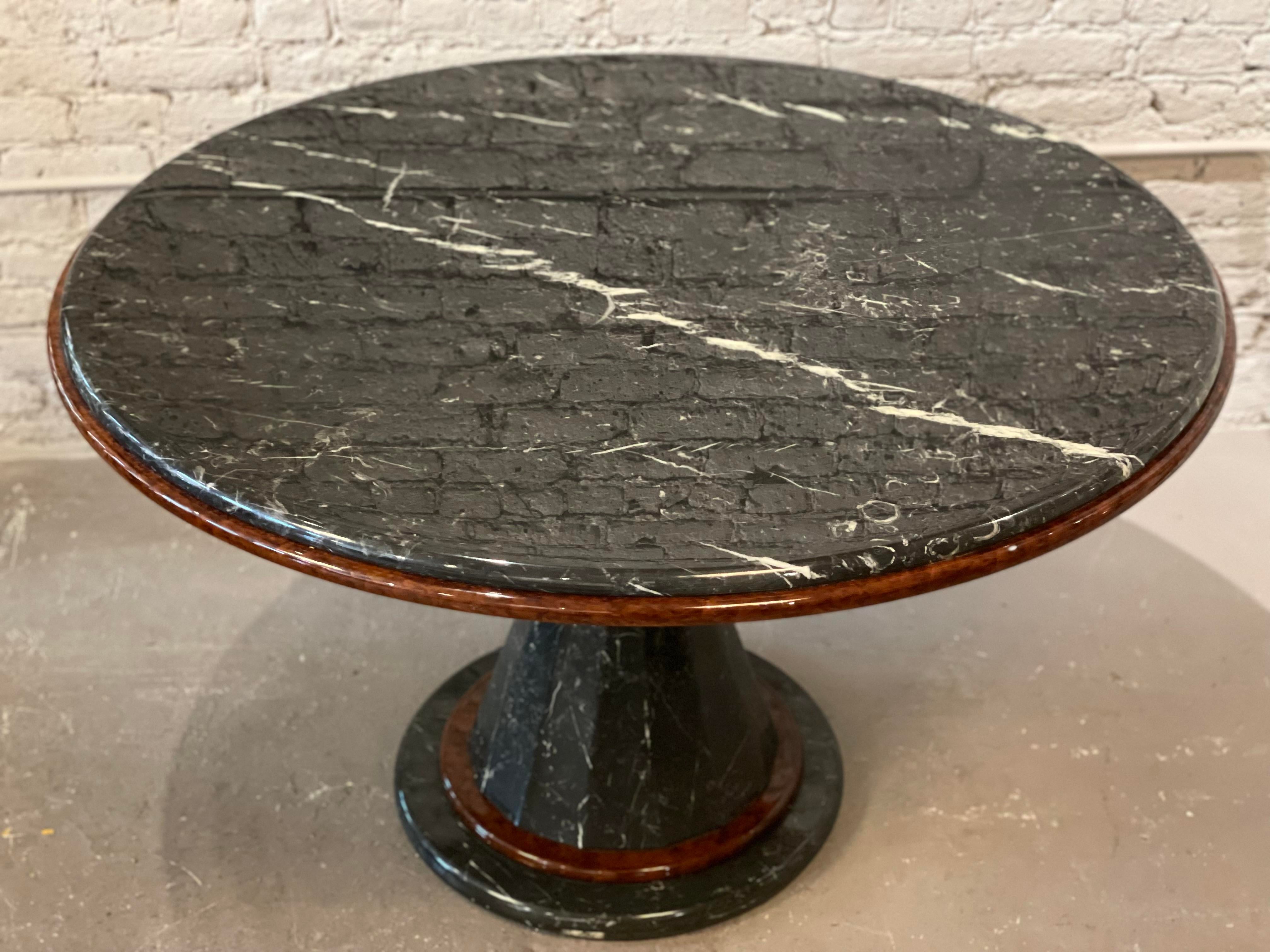 1980s Vintage Nero Marquina Black and White Marble and Wood Round Pedestal Dining Table