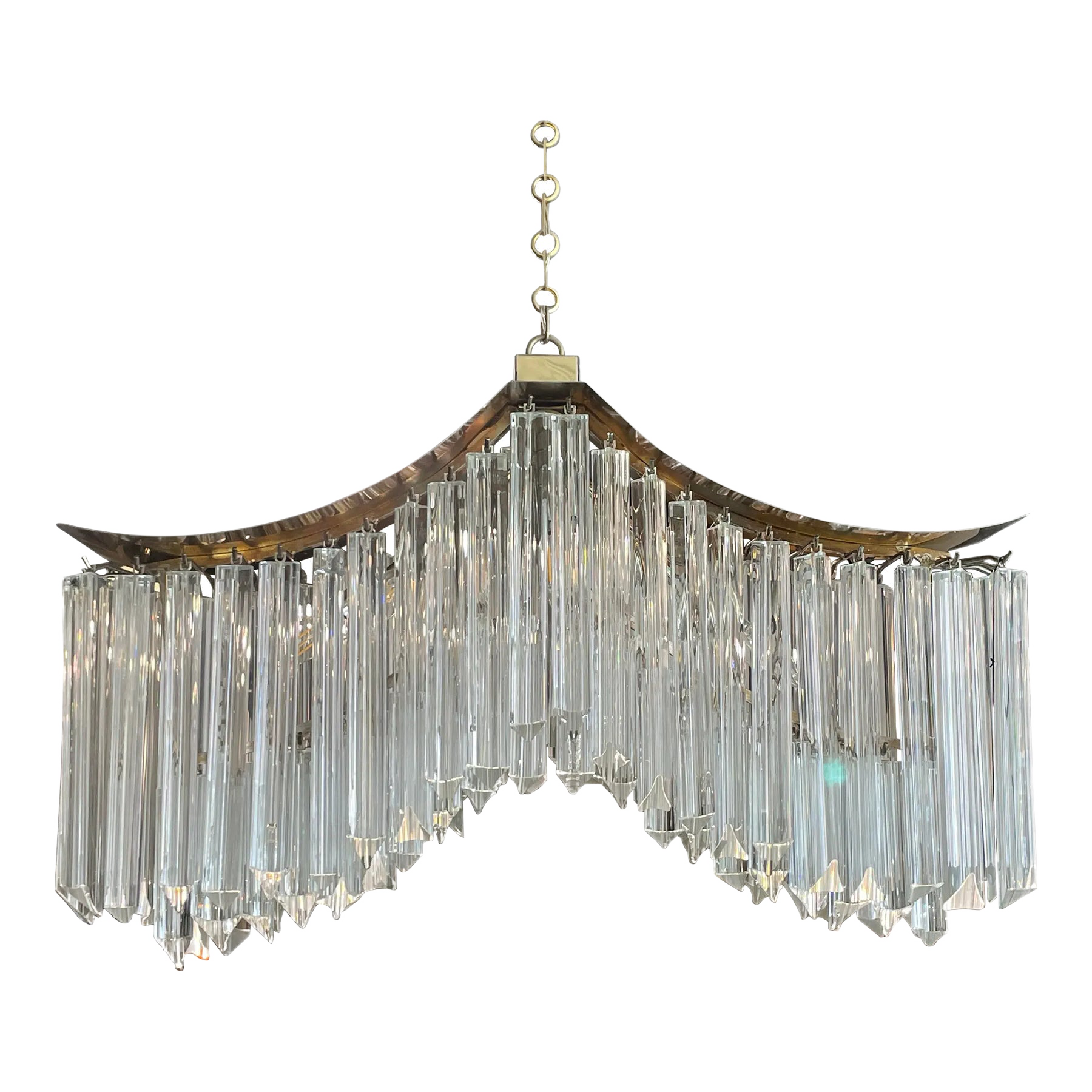 1970s Vintage Pagoda Glass and Brass Chandelier