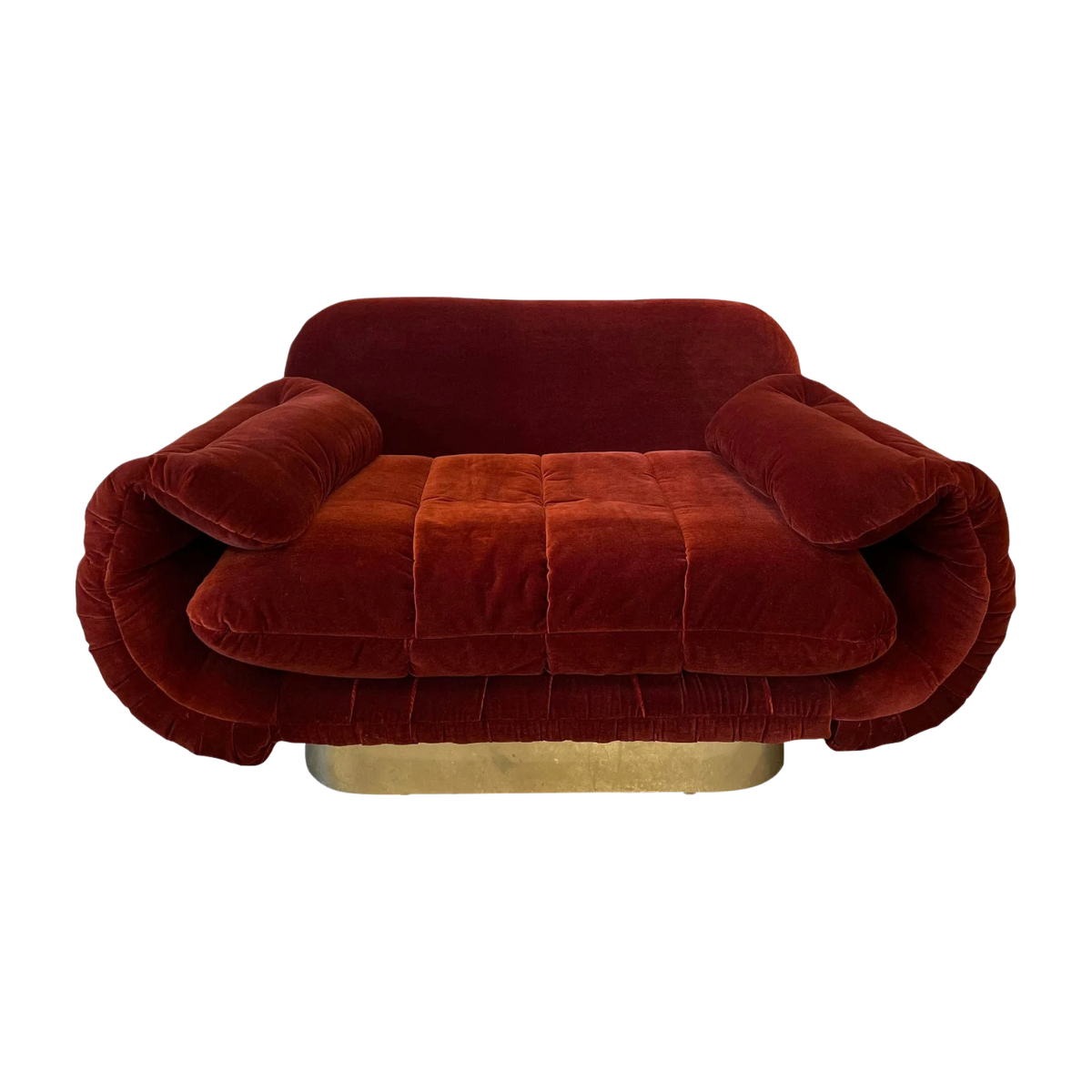 1970s Red Loveseat with Curved Arms & Brass Plinth Base