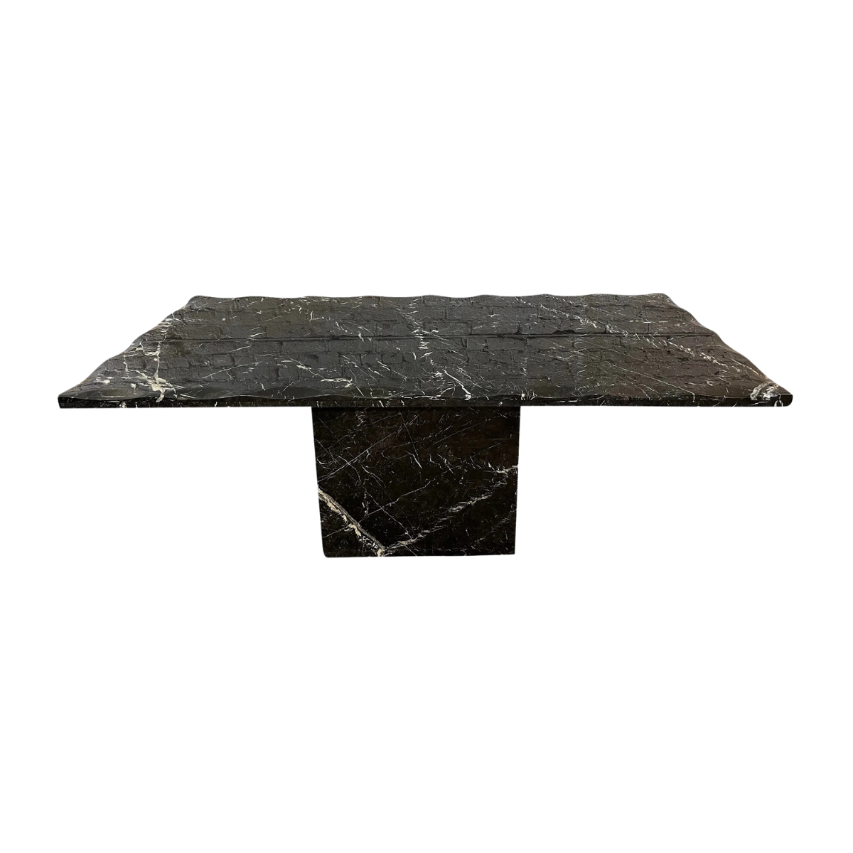 1980s Postmodern Vintage Nero Marquina Black Marble Dining Table with Scalloped Edge