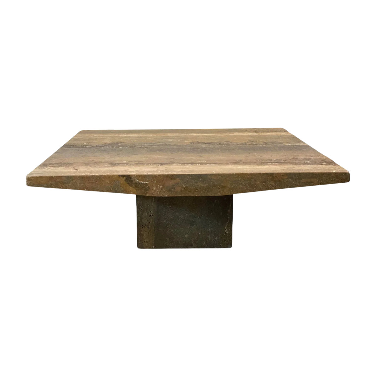 1980s Italian Walnut Travertine Postmodern Coffee Table With Bowed Edge - Honed